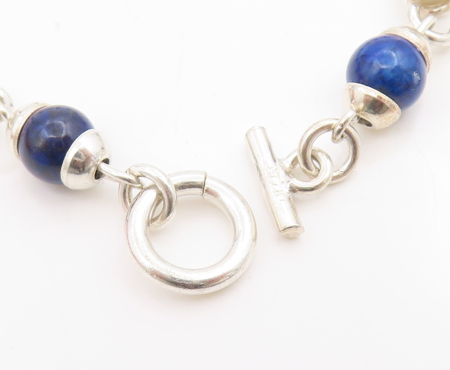 925 Sterling Silver Vintage Bracelet Lapis Lazuli Bead Wire Wrapped Link BT11746