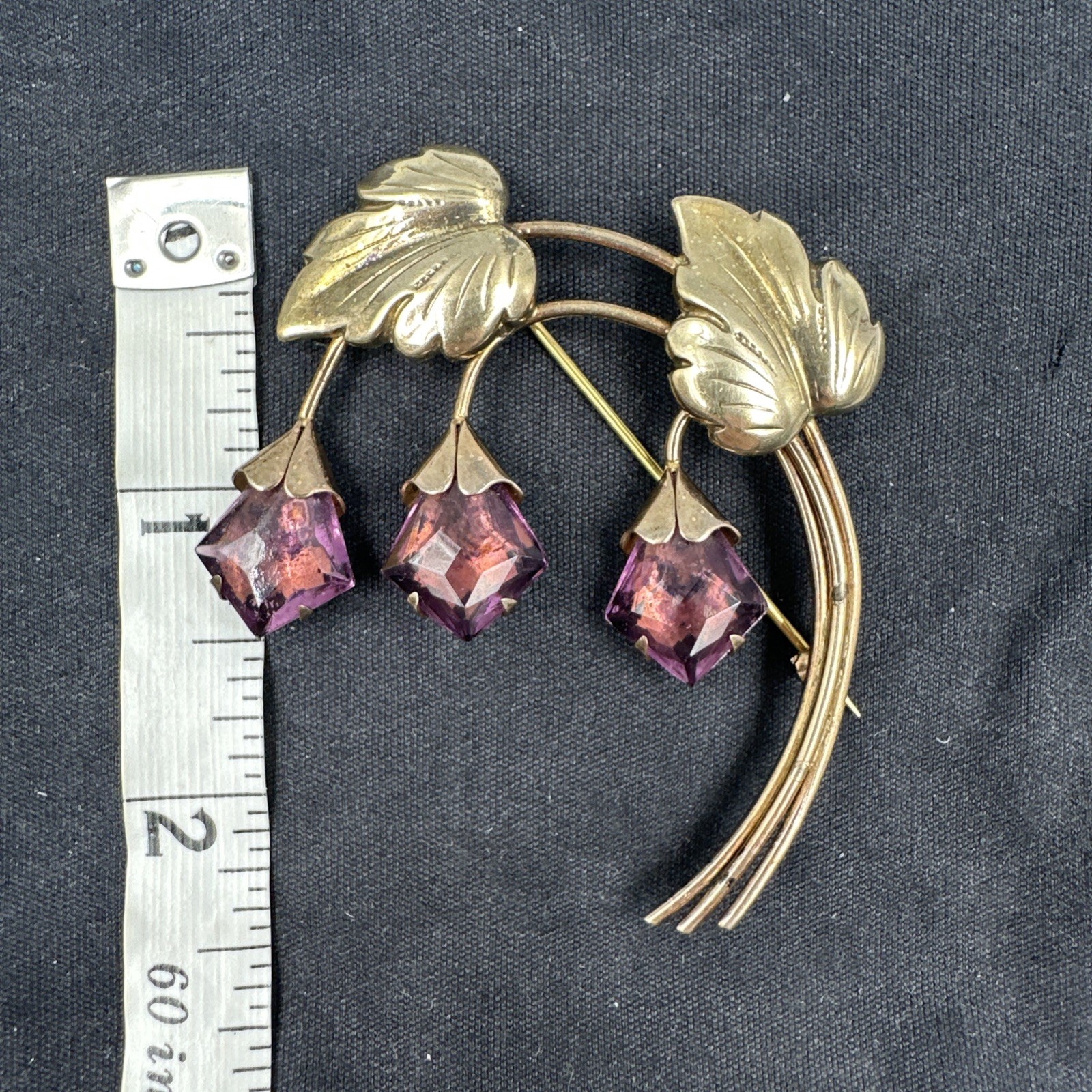 Vtg Sterling Silver Gold Vermeil Purple Rhinestone Flower Brooch & Earrings Set