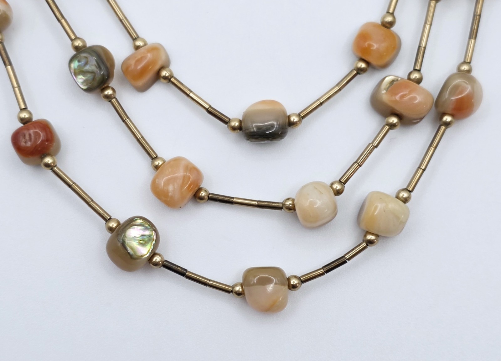 Vintage 3 Strand Liquid Gold Tone Necklace Abalone Mother of Pearl Agate Hook