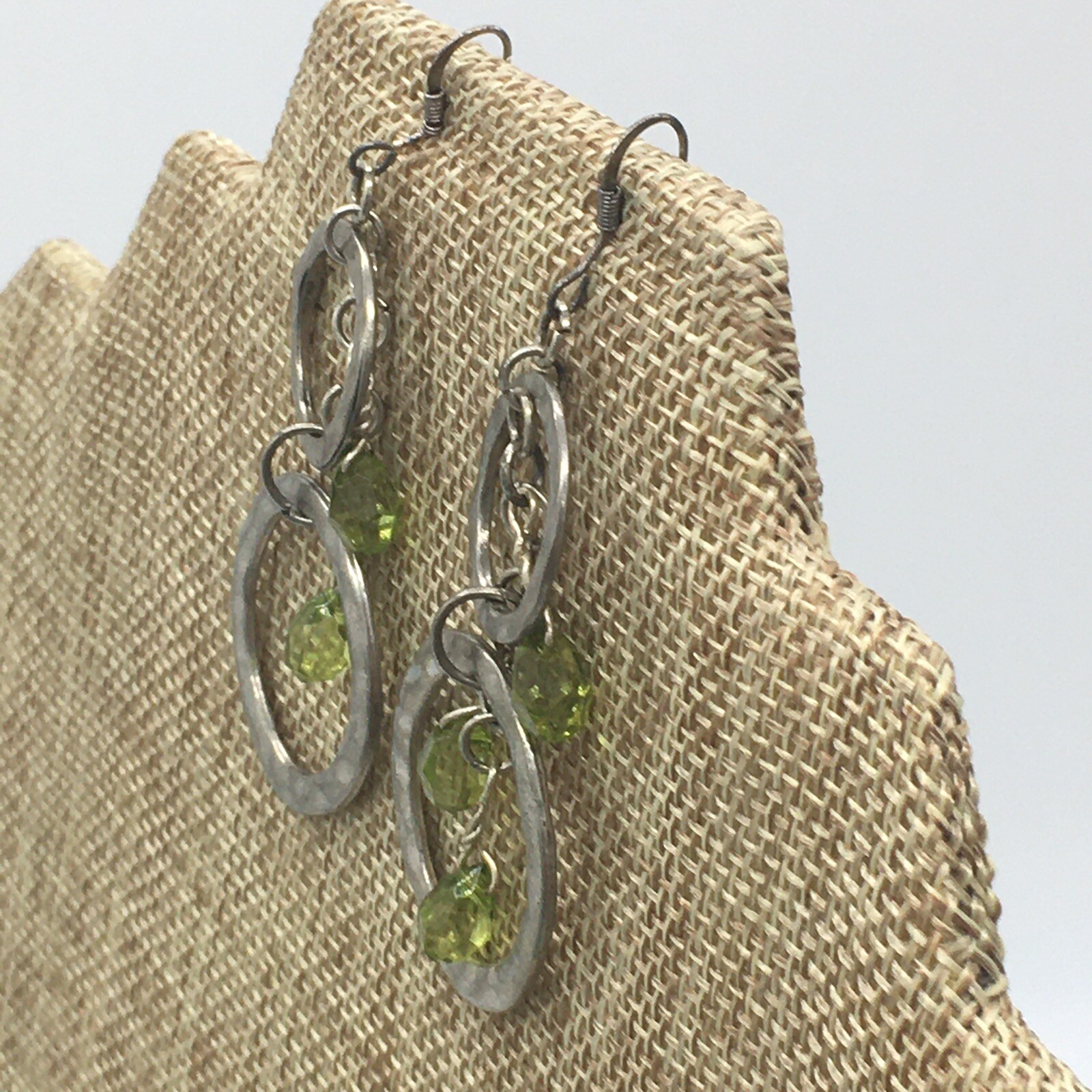 Double Hoop Dangle Fish Hook Earrings With Acrylic Green Beads Approximately 2”