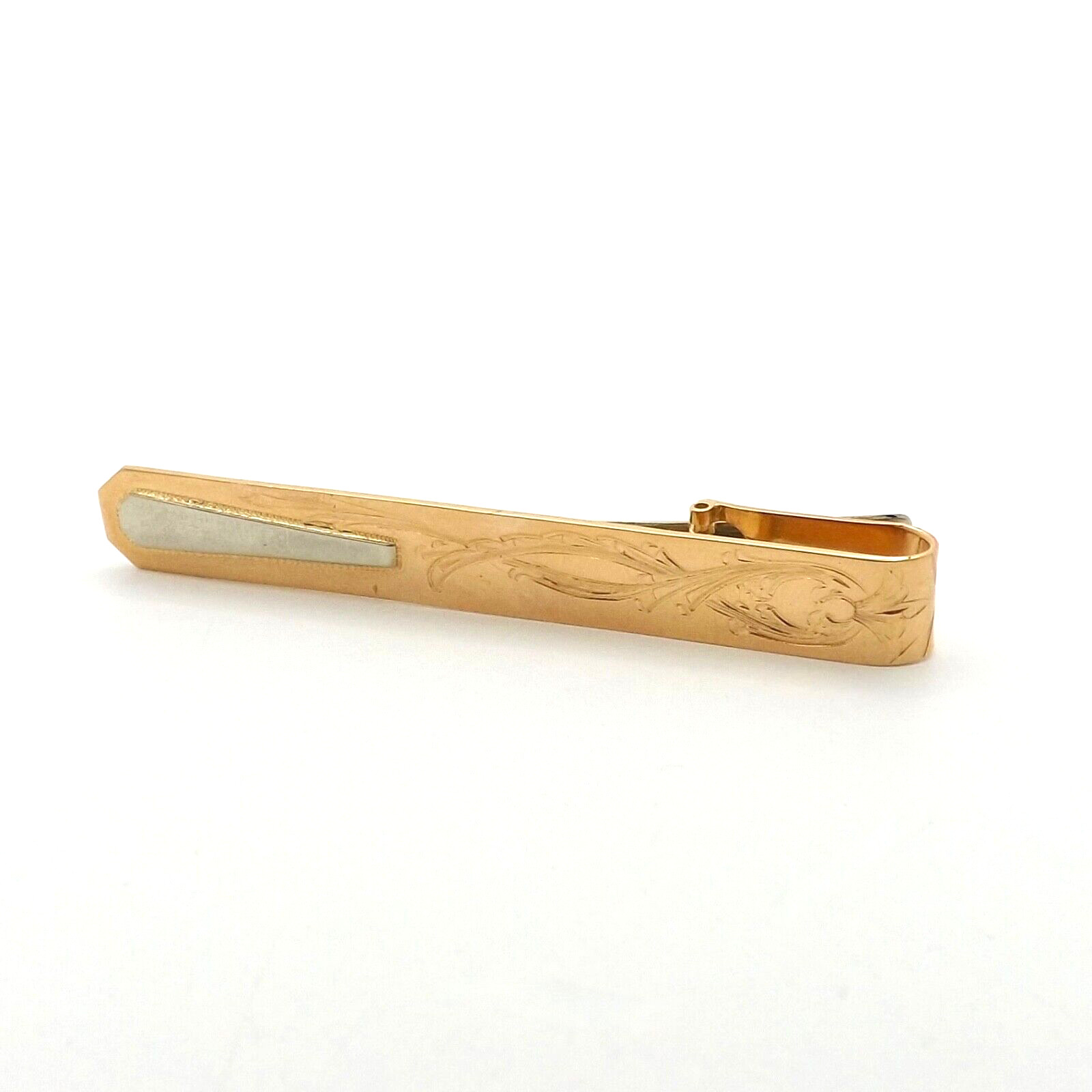 Art Deco Solid 18k Rose White Gold Tie Clip Coat Pin Hand Etched Italy 750