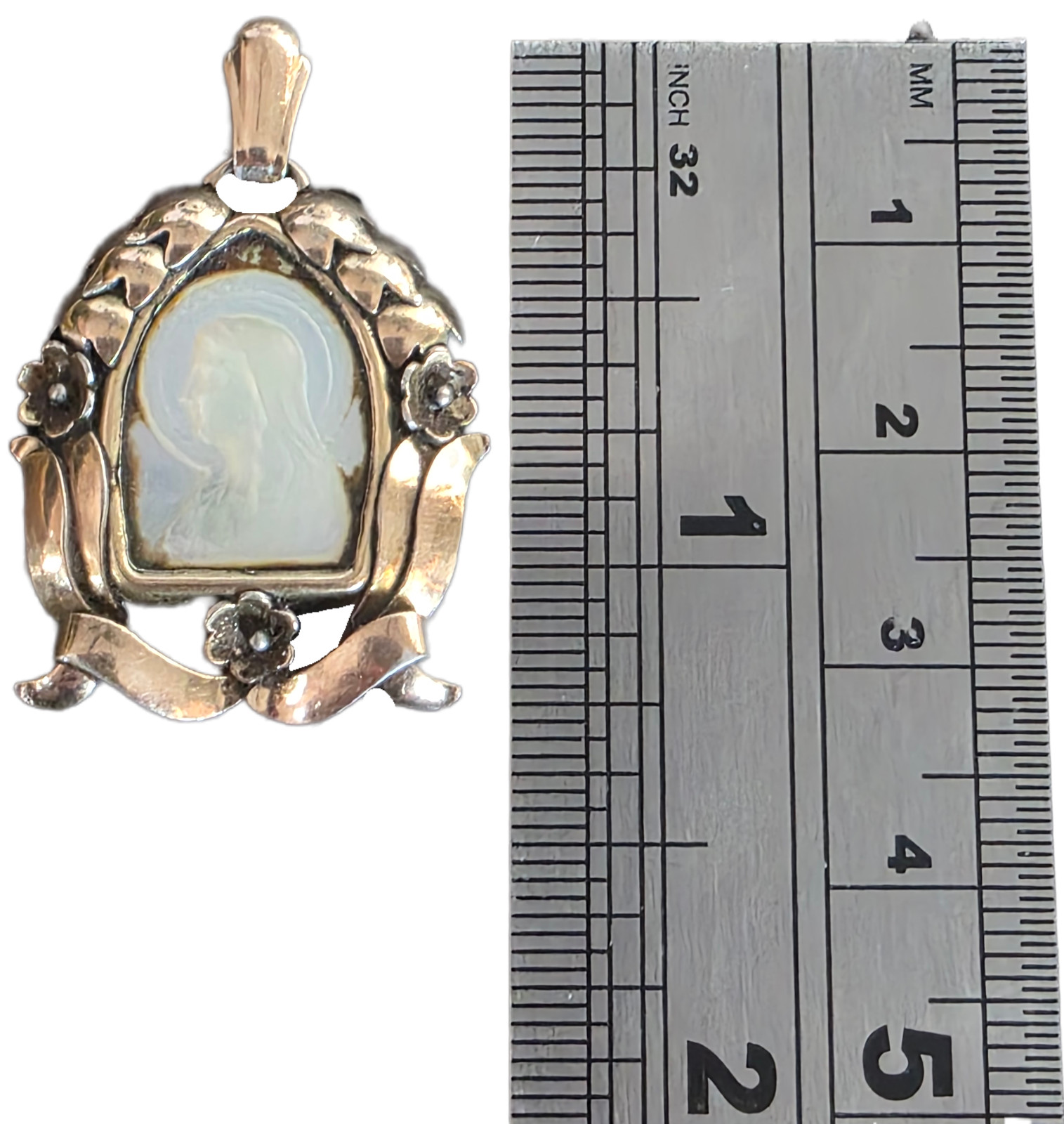 Antique Silver-Gilt Devotional Pendant with Mother-of-Pearl Madonna, c. 1890