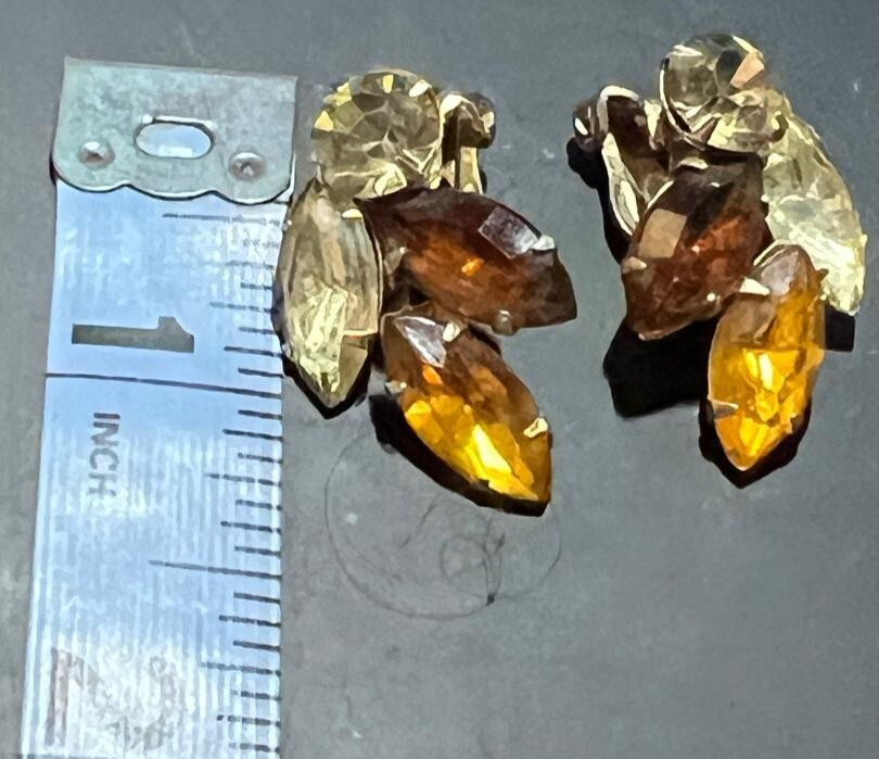 Vintage Signed Weiss Leaf Rhinestone Orange Fall Colors Clip On Earrings