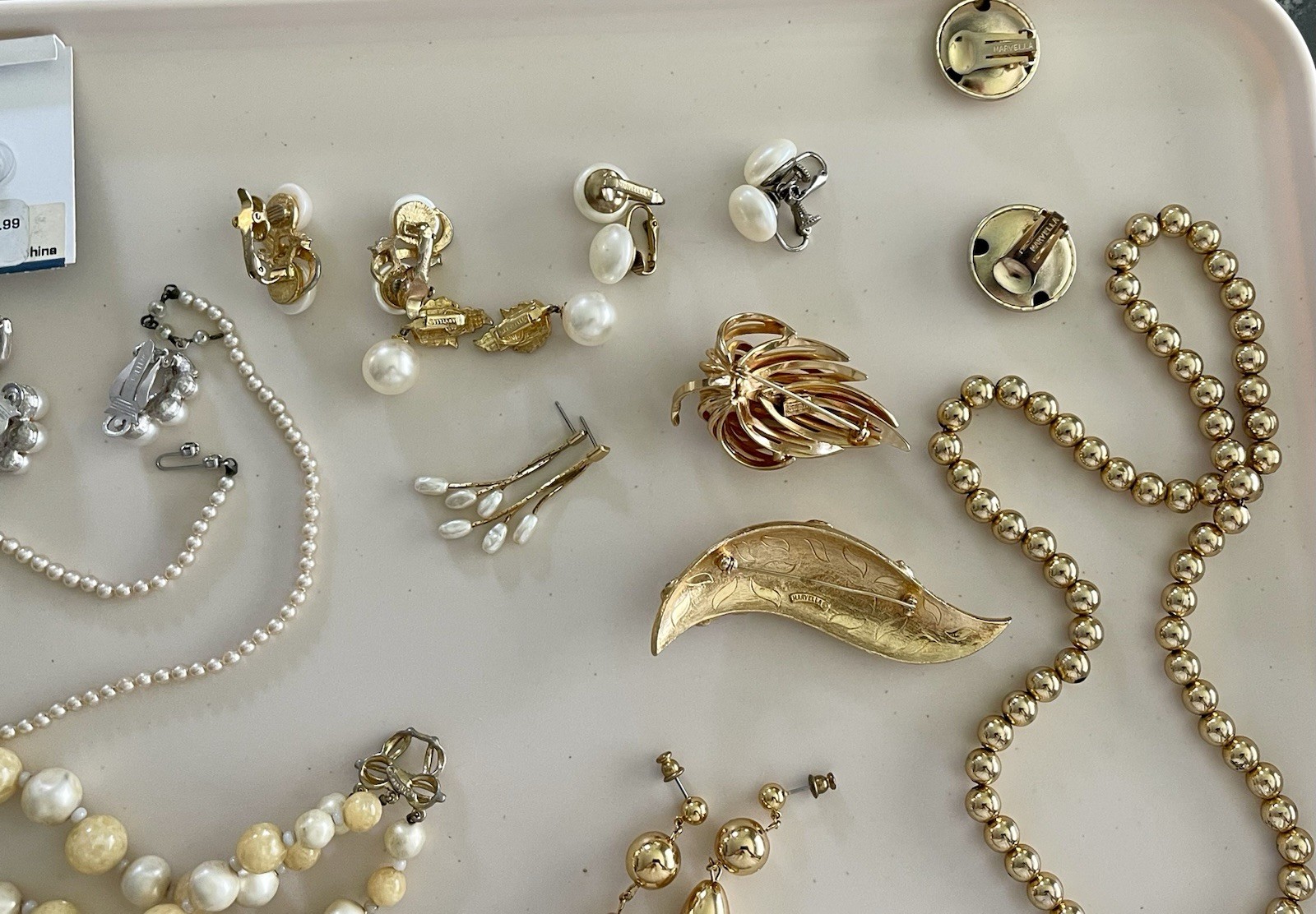 VINTAGE Marvella Jewelry LOT Faux Pearls Necklace, Earrings Rhinestone brooch