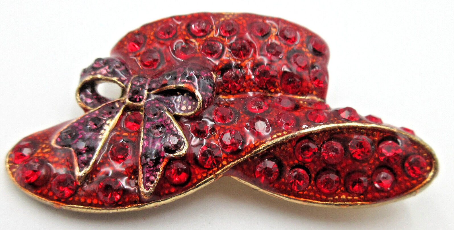 VTG big heavy bling brim lady Hat bow pendant Brooch Pin red purple gold tone