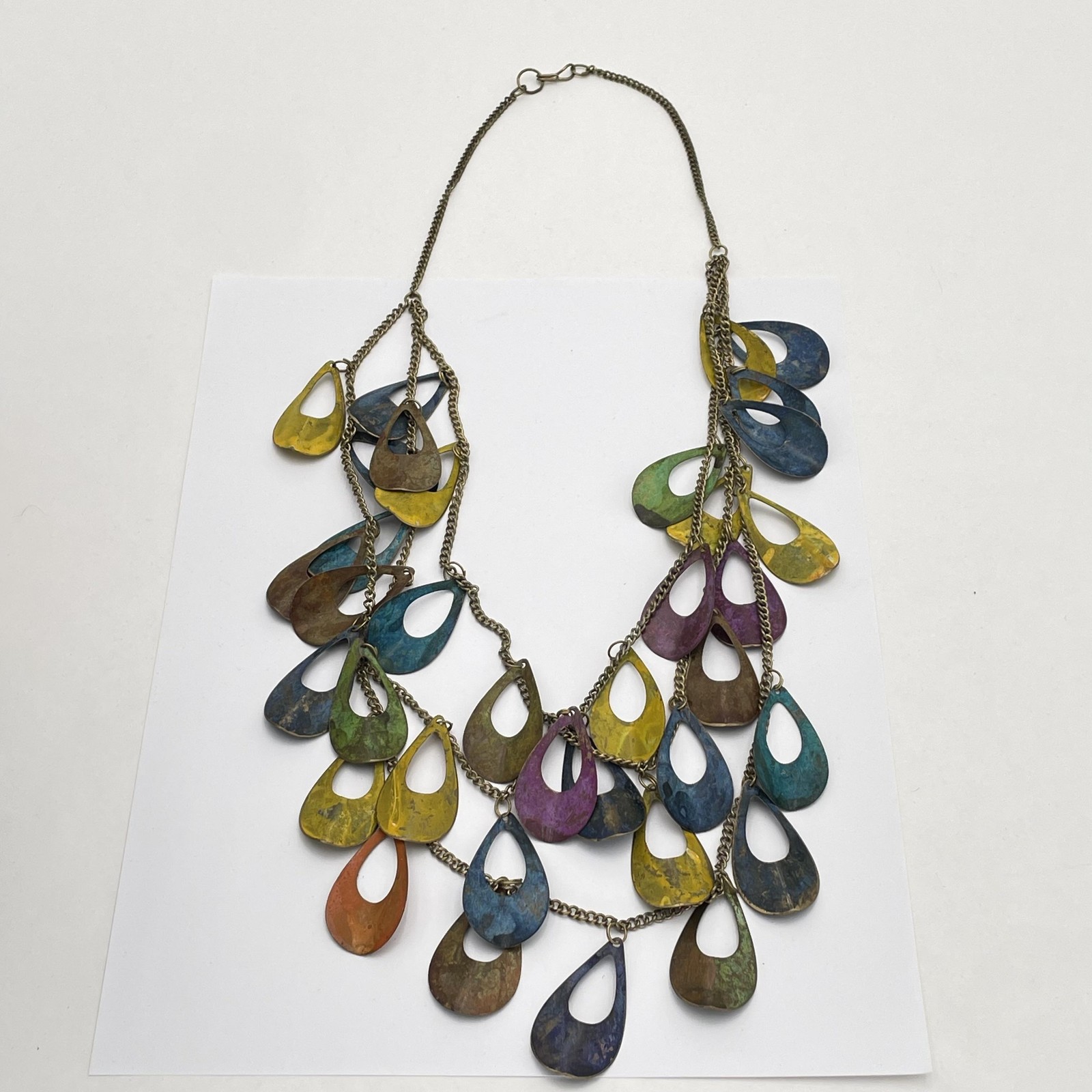 Boho Multicolor Teardrop Fringe Bib Statement Layered Necklace Gold Tone Chain