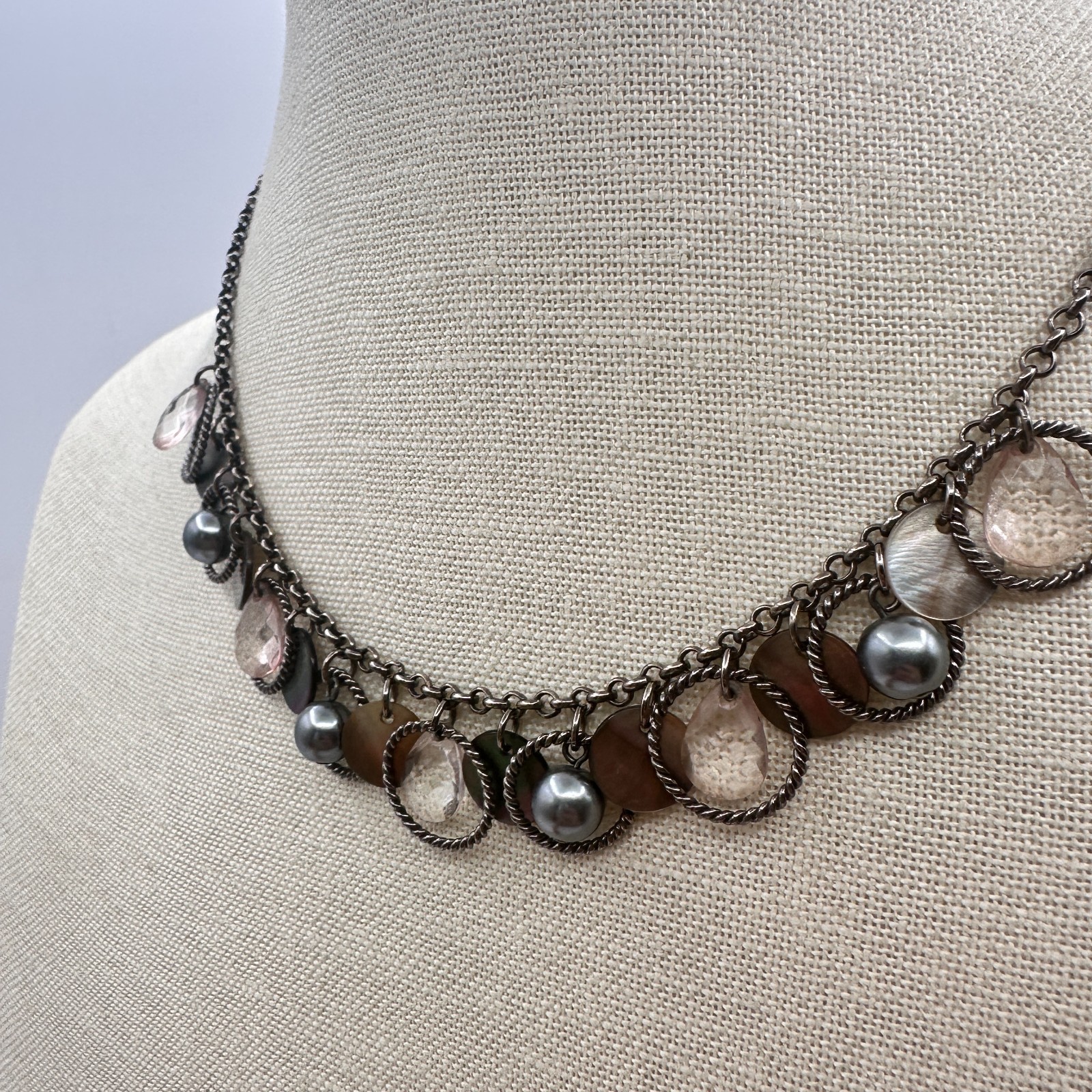 VTG Gunmetal Faux Tahitian Pearl Rose Quartz Choker Bib Necklace Charm Fringe
