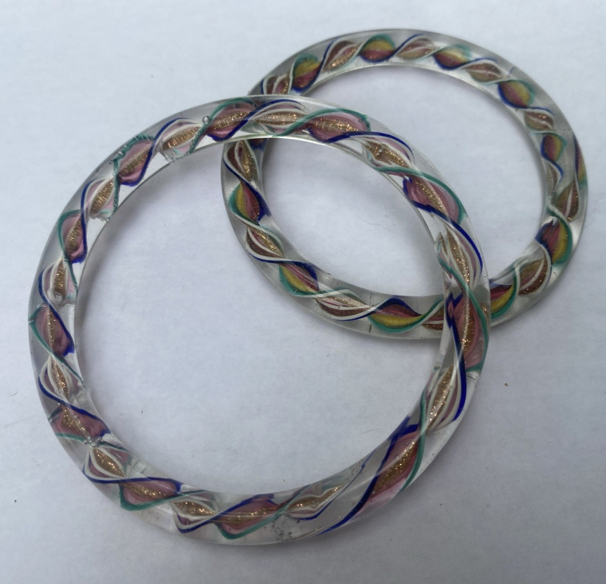 Vintage Murano Art Glass Rainbow Swirl Ribbon Bangle Bracelet Pair Small and Med