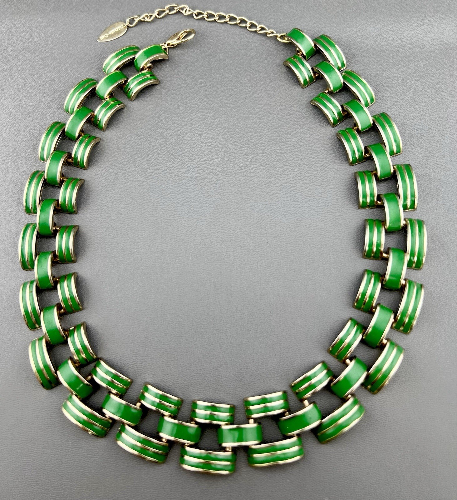 Coldwater Creek Necklace Green Enamel Link Collar Gold Tone Signed 21”