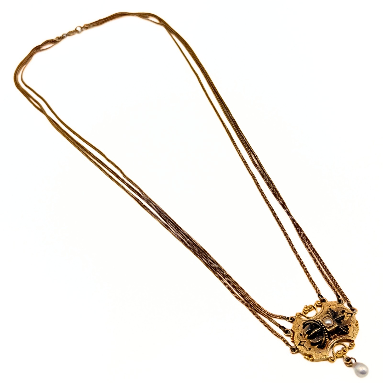Antique Victorian 10K-14K Gold Filigreed Rice Pearl Medallion Necklace