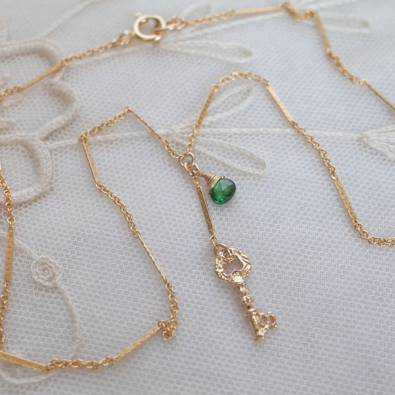 Emerald Green Crystal & Vermeil Key Necklace 14K Gold Filled Bar Link Chain