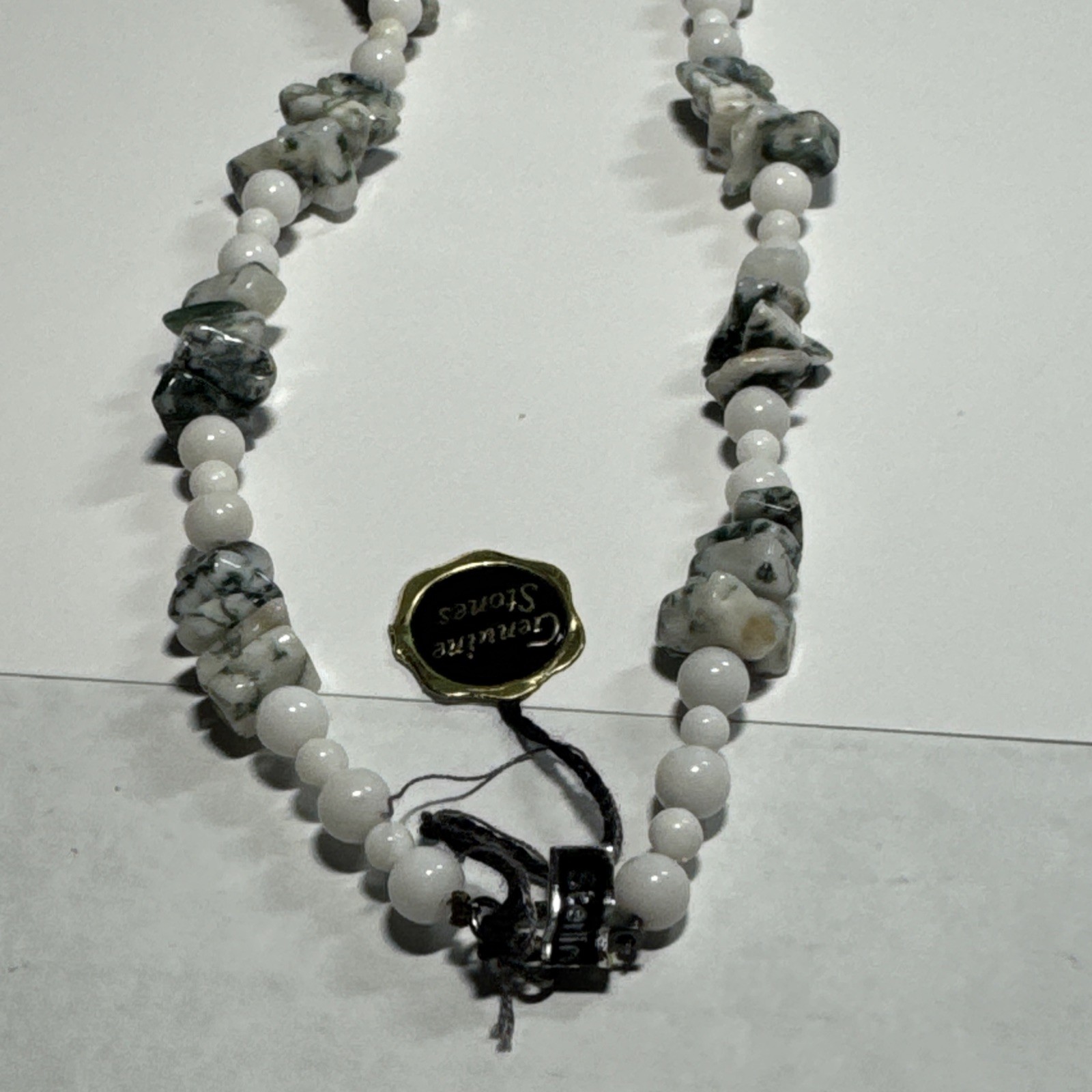Moss Agate & White Bead Necklace Sterling Silver Clasp W/ Tag 17” Very Pretty