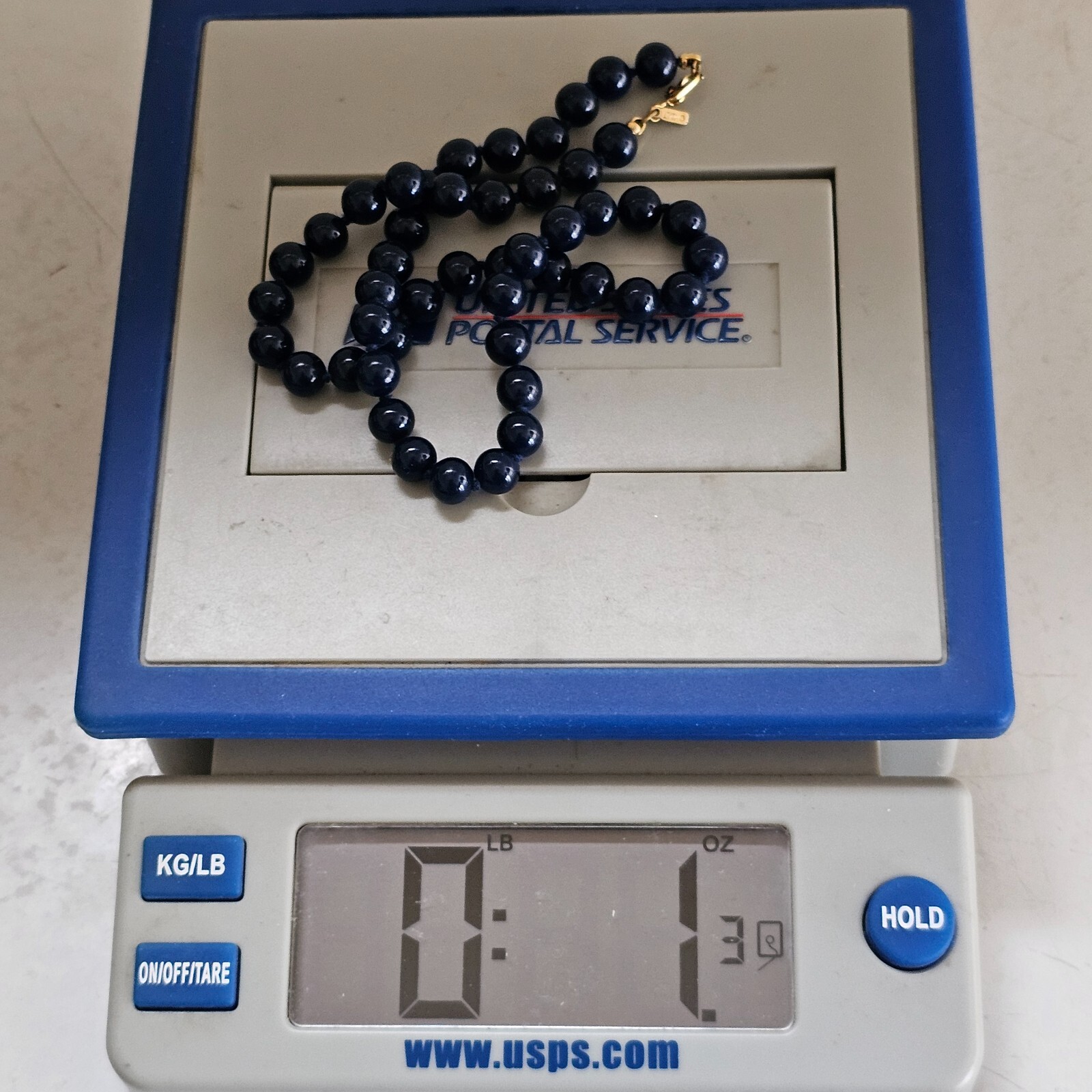 Vintage Monet Necklace Navy Blue Dainty Glass Bead Choker Hand Knot Signed 16.5″