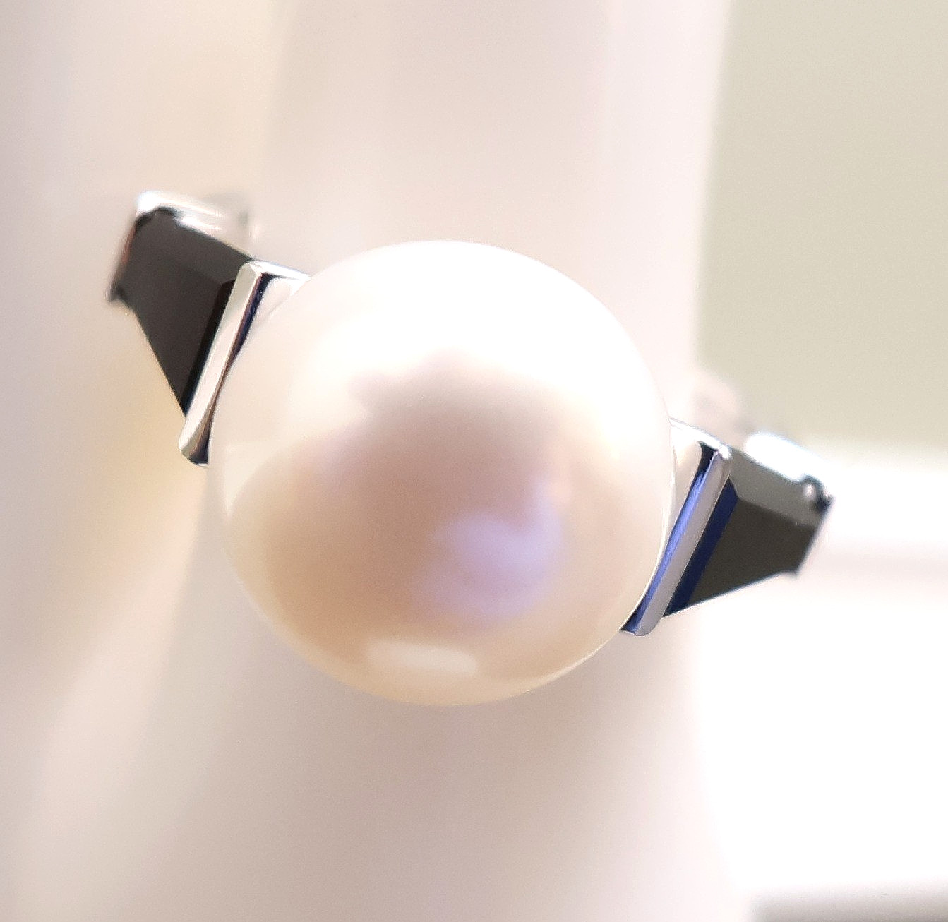 Art Deco ring QVC white pearl black crystals 925 sterling silver signet Size 5