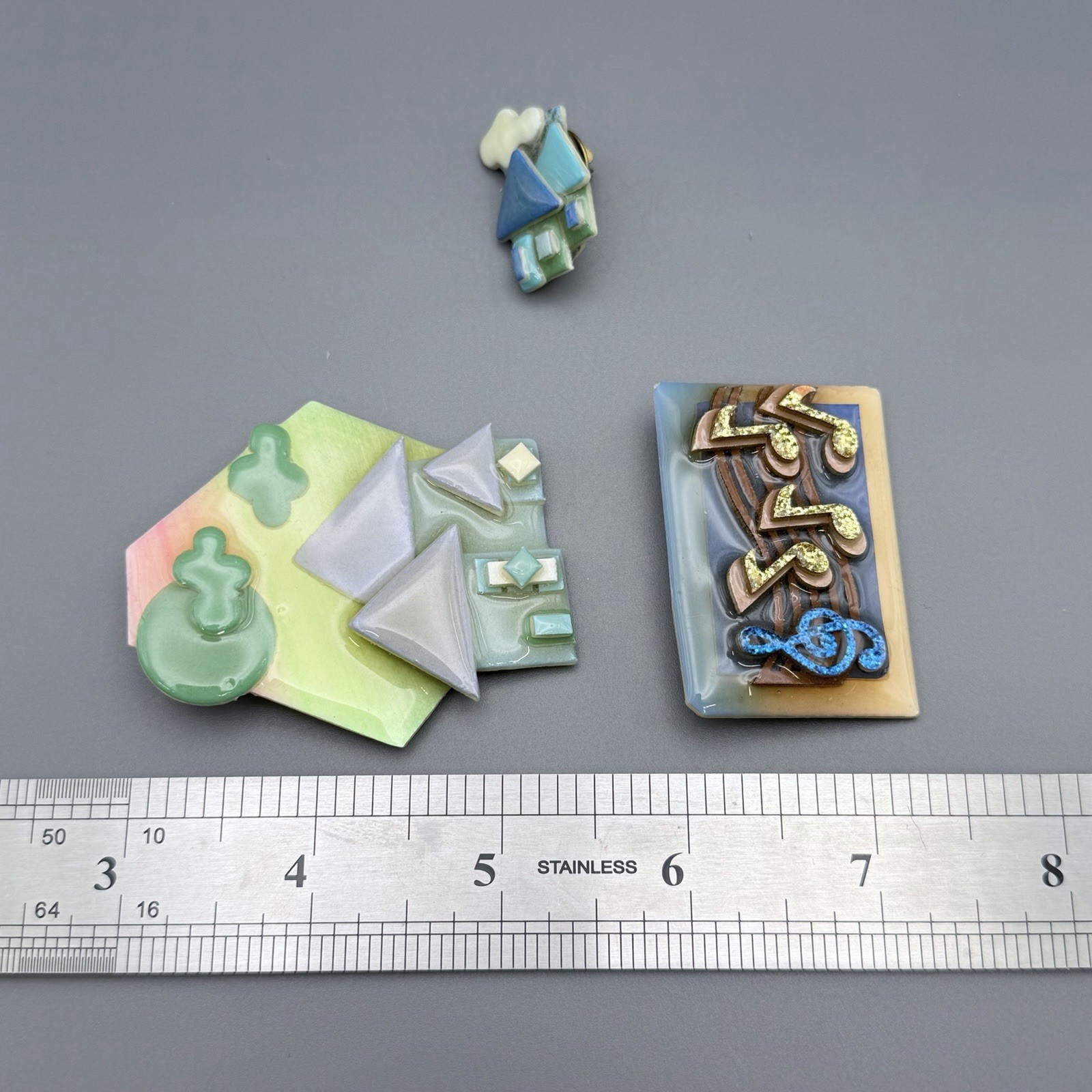 Vintage Lucinda House Pins Music Notes Lot of 3 Pastel Color House Glitter Music