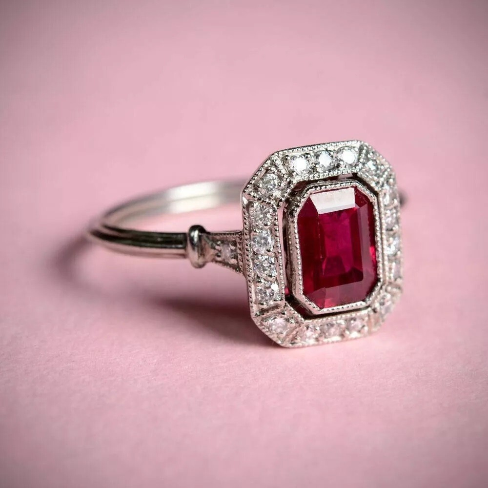 Art Deco Ruby Engagement Ring 14K White Gold FN Vintage Style Cocktail Ring Gift
