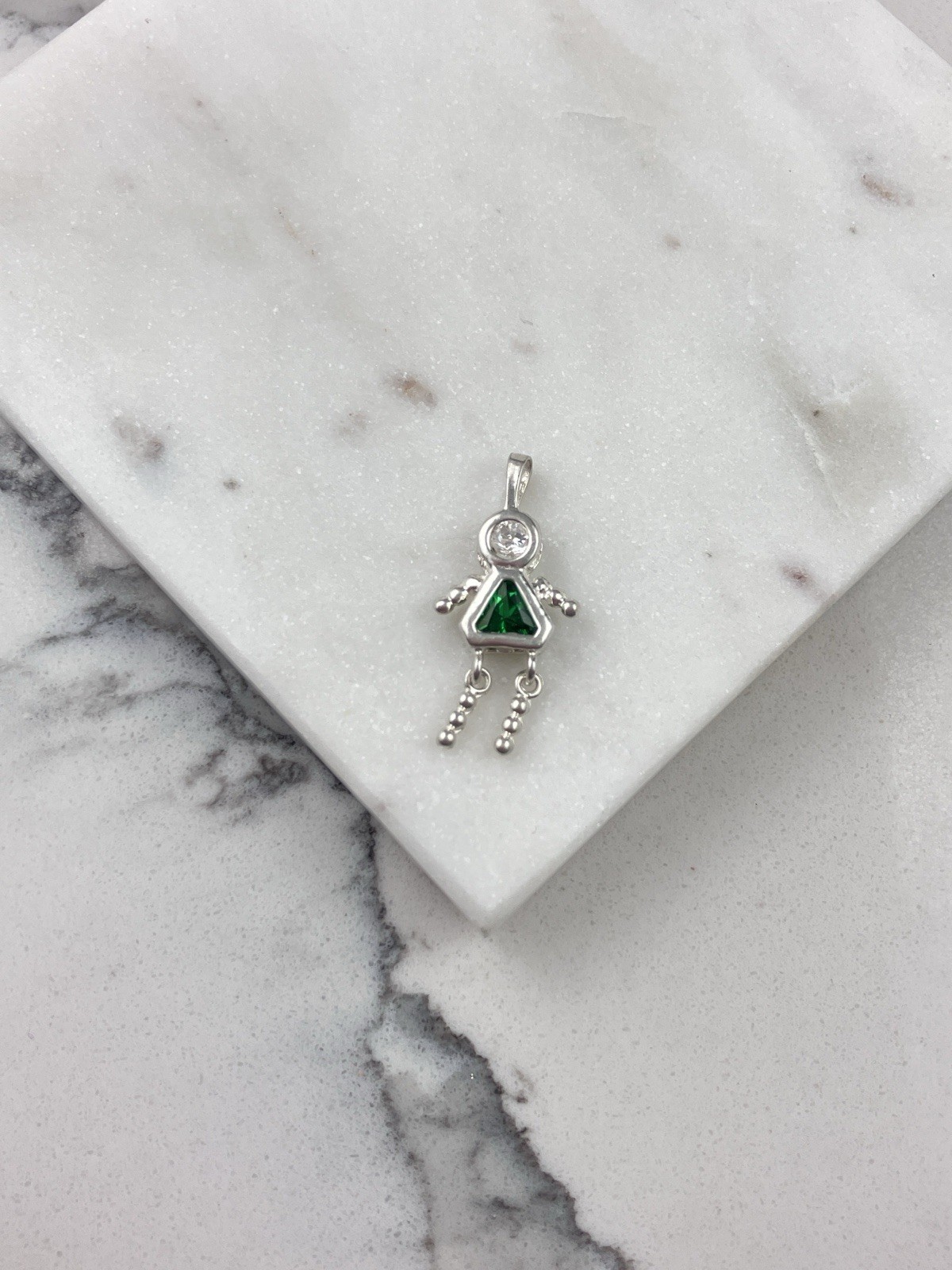 Vintage 925 Sterling Silver Green Emerald Glass May Girl Birthstone Charm