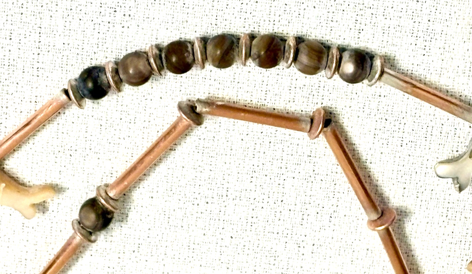 VTG. Unusual Copper Tubing & Mother of Pearl Fish Fetish Necklace, 32”, 10 Fish