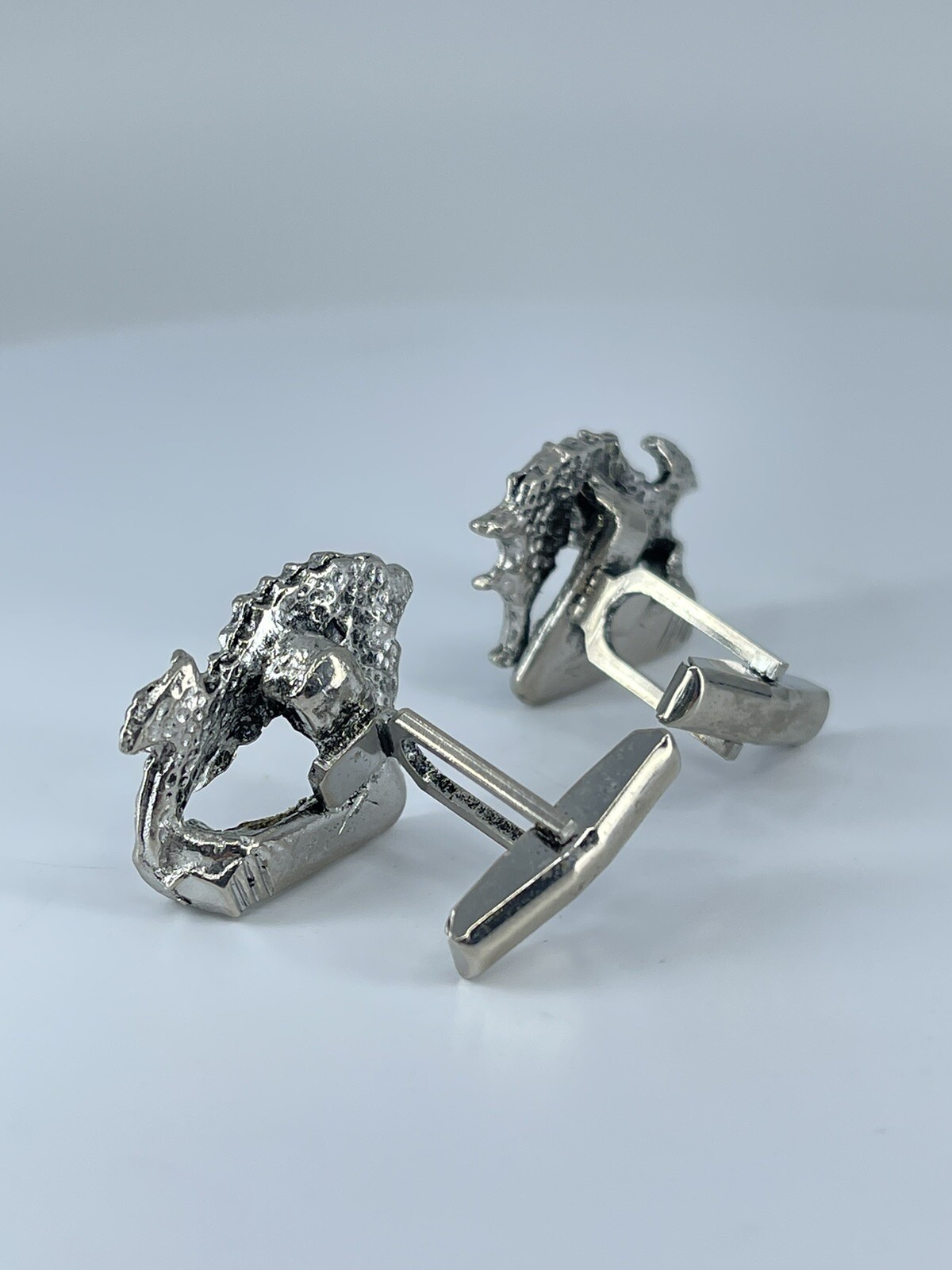 Vintage Seahorse cufflinks silver tone with black enamel accents 1-1/8″