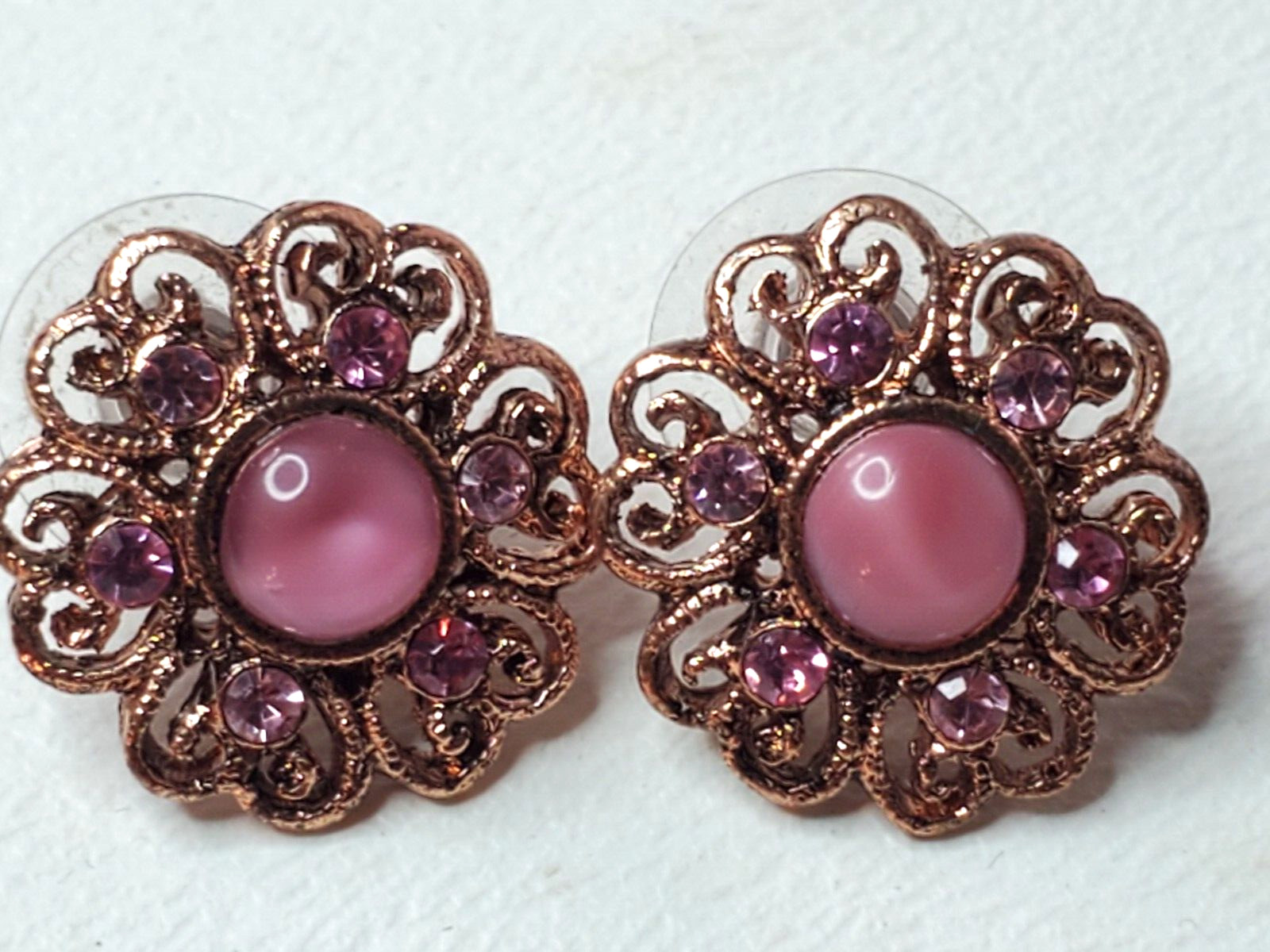 Pink Stone Tigers Eye Rhinestone Copper Colored Stud Earrings Heart Scroll