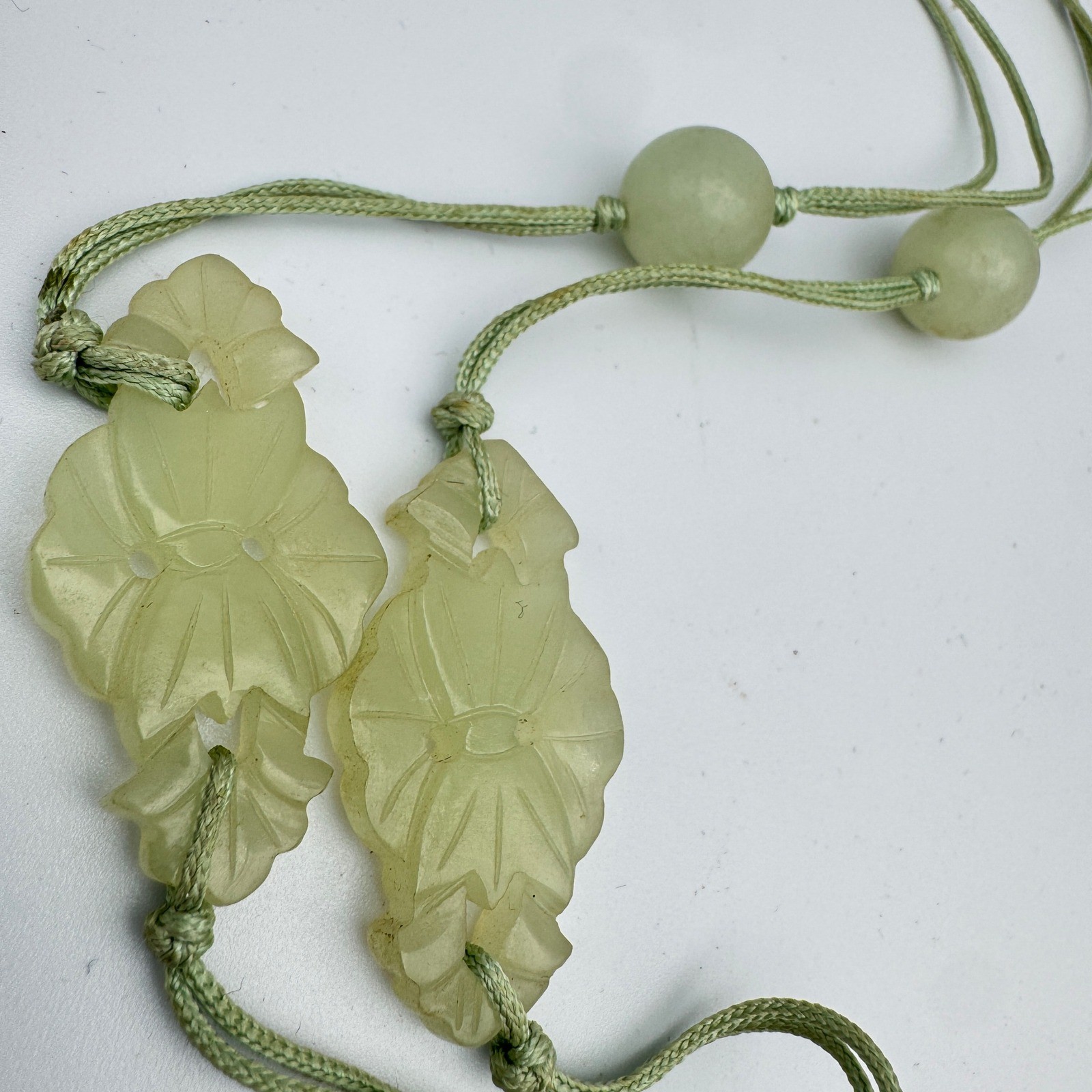 Vintage Pendant Necklace Hand Carved Celadon Jadeite Openwork Silk Roping 37g