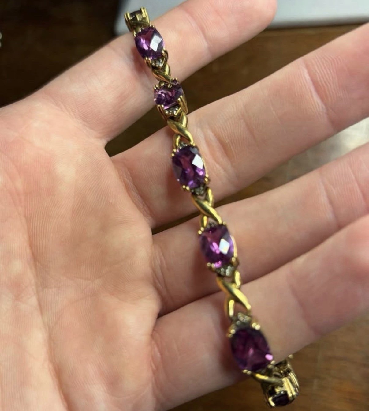 925 Sterling Silver Gold Plated Purple Gemstone Tennis Bracelet Vintage Style