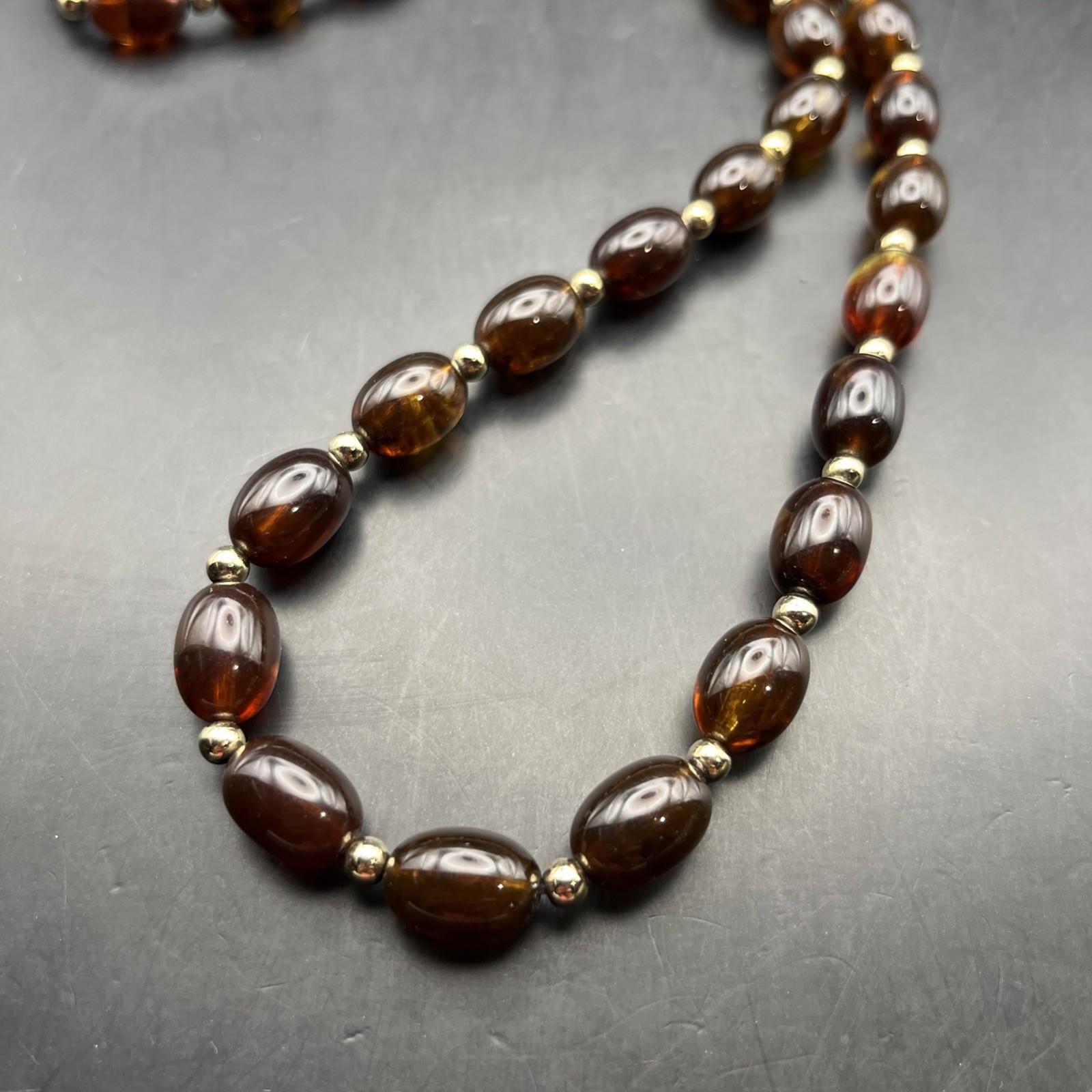Faux Amber Lucite Necklace Beaded Gold Tone 23 Inch Honey Color Classic Vintage