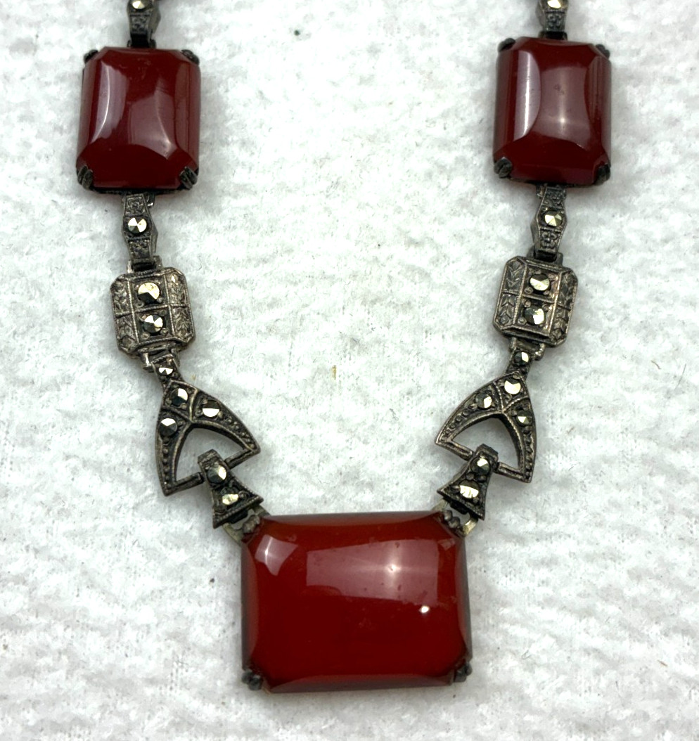 Antique Art Deco Carnelian Glass Sterling Silver & Rhinestones Necklace 16″