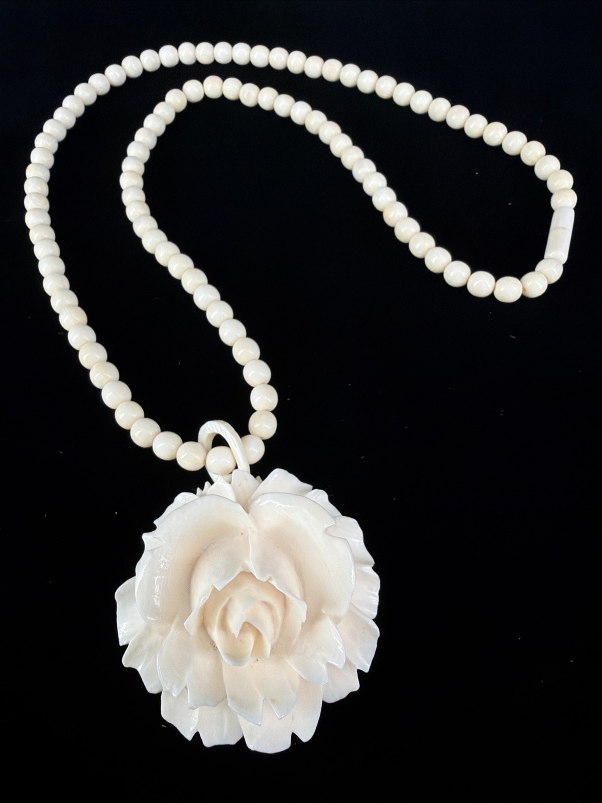Vintage White Resin Rose Long Hand Beaded Statement Necklace 22”