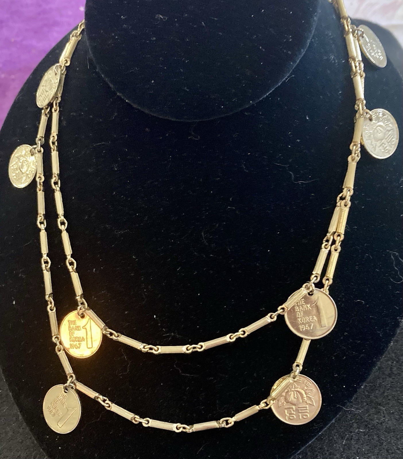Vintage 34” Long Coins GoldTone Patterned Links Necklace The Bank Of Korea 1967