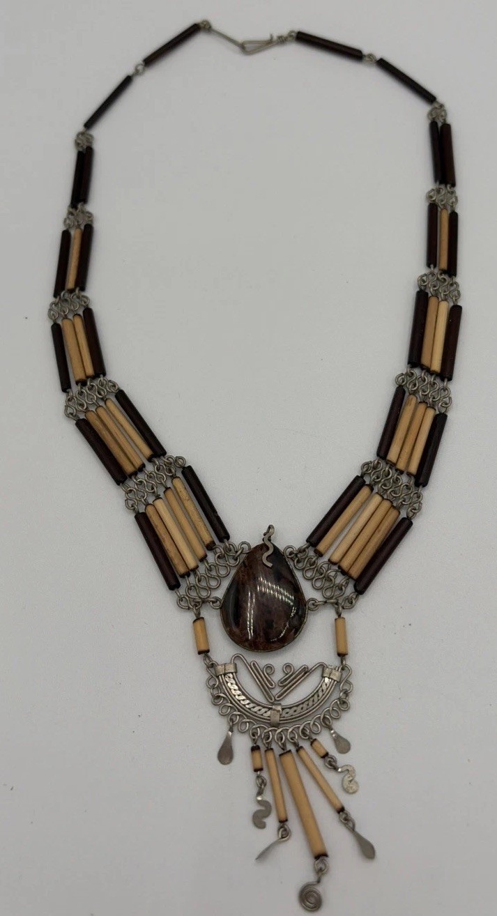 Vintage Handmade Choker necklace bamboo beaded black brown stone Snake Bail