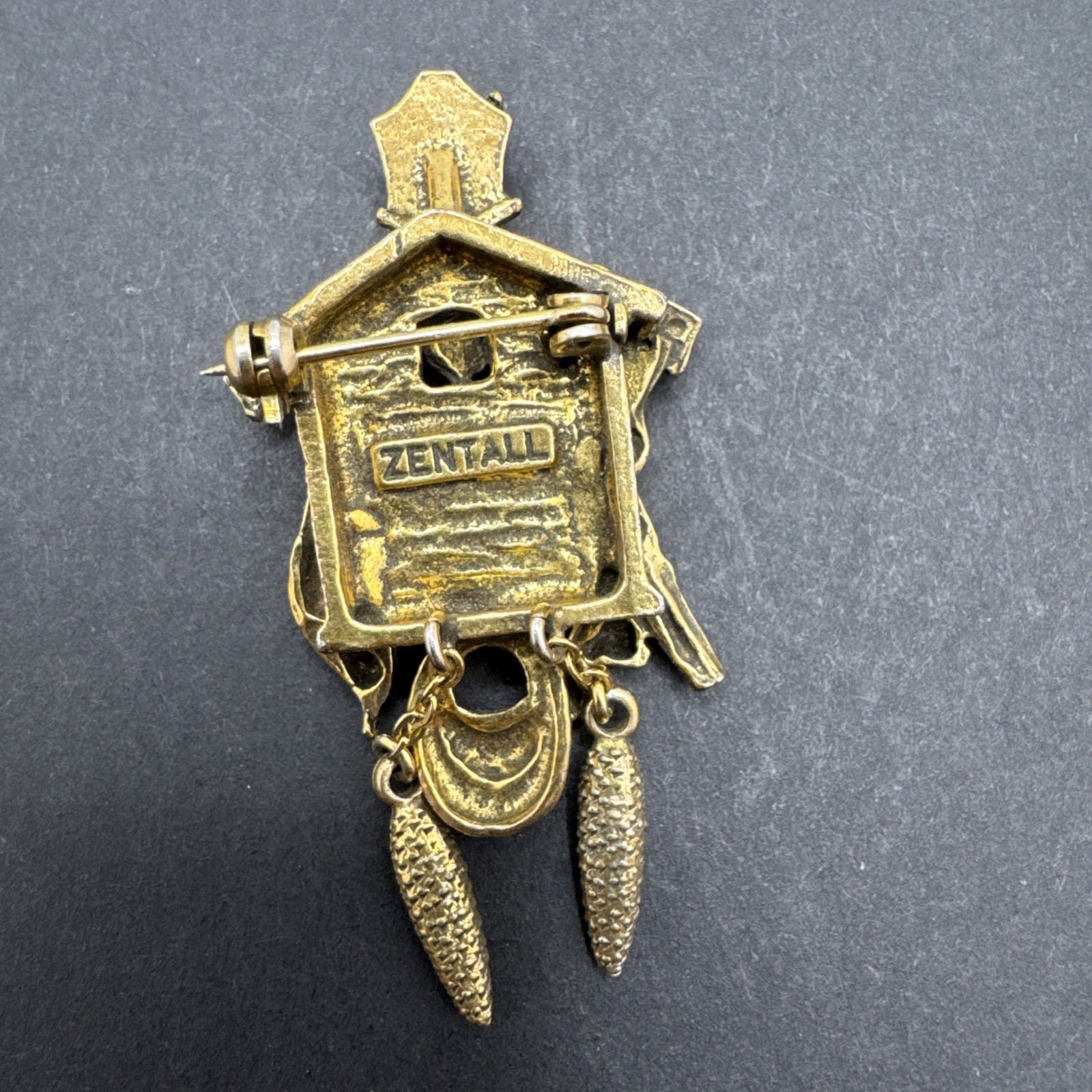 VINTAGE ZENTALL Cuckoo Clock PIN SIGNED GOLD TONED 2” Tall
