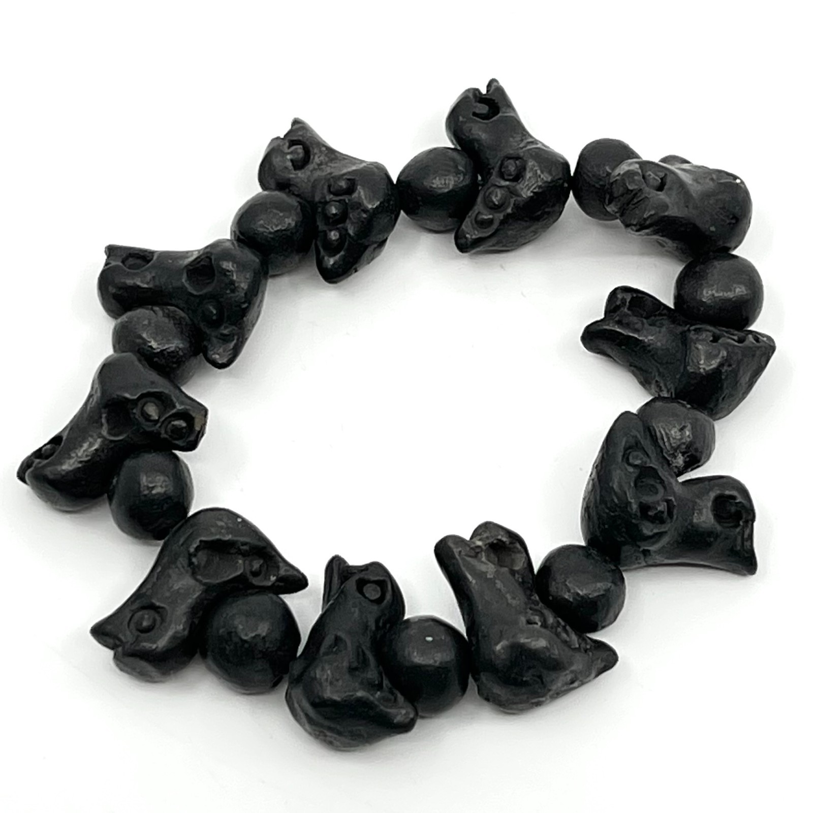 Vintage Tribal Black Bird Skull Beaded Stretch Bracelet Goth Grunge Retro Style