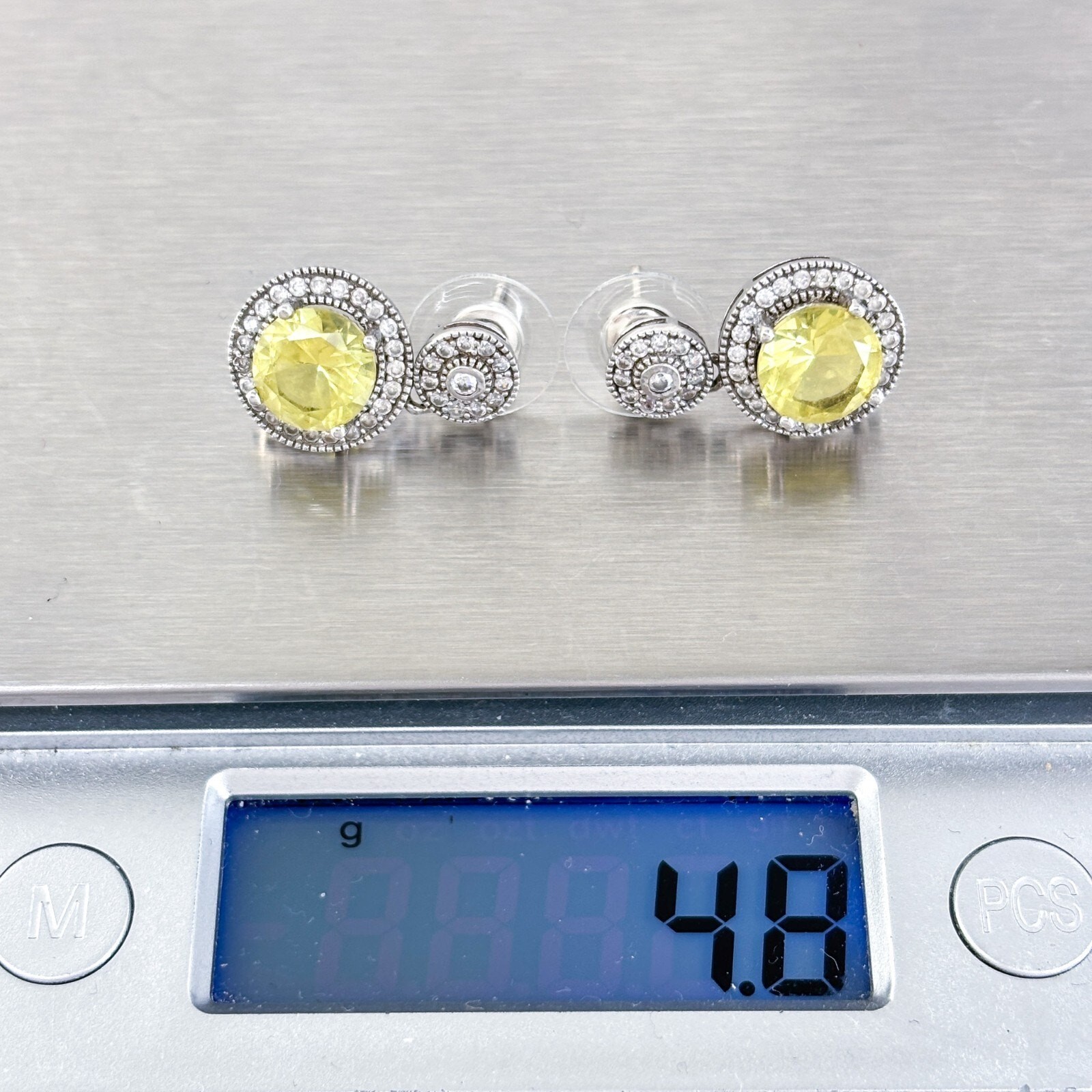 Estate Sterling Silver Citrine Cubic Zirconia Diamond Accent Dangle Earrings