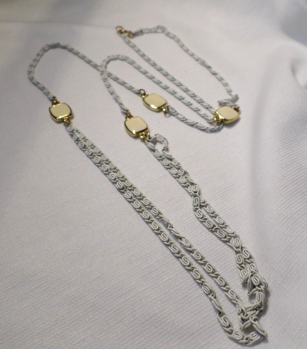 Vintage White Chain Ivory and Gold Enamel Disc Long Statement Station Necklace