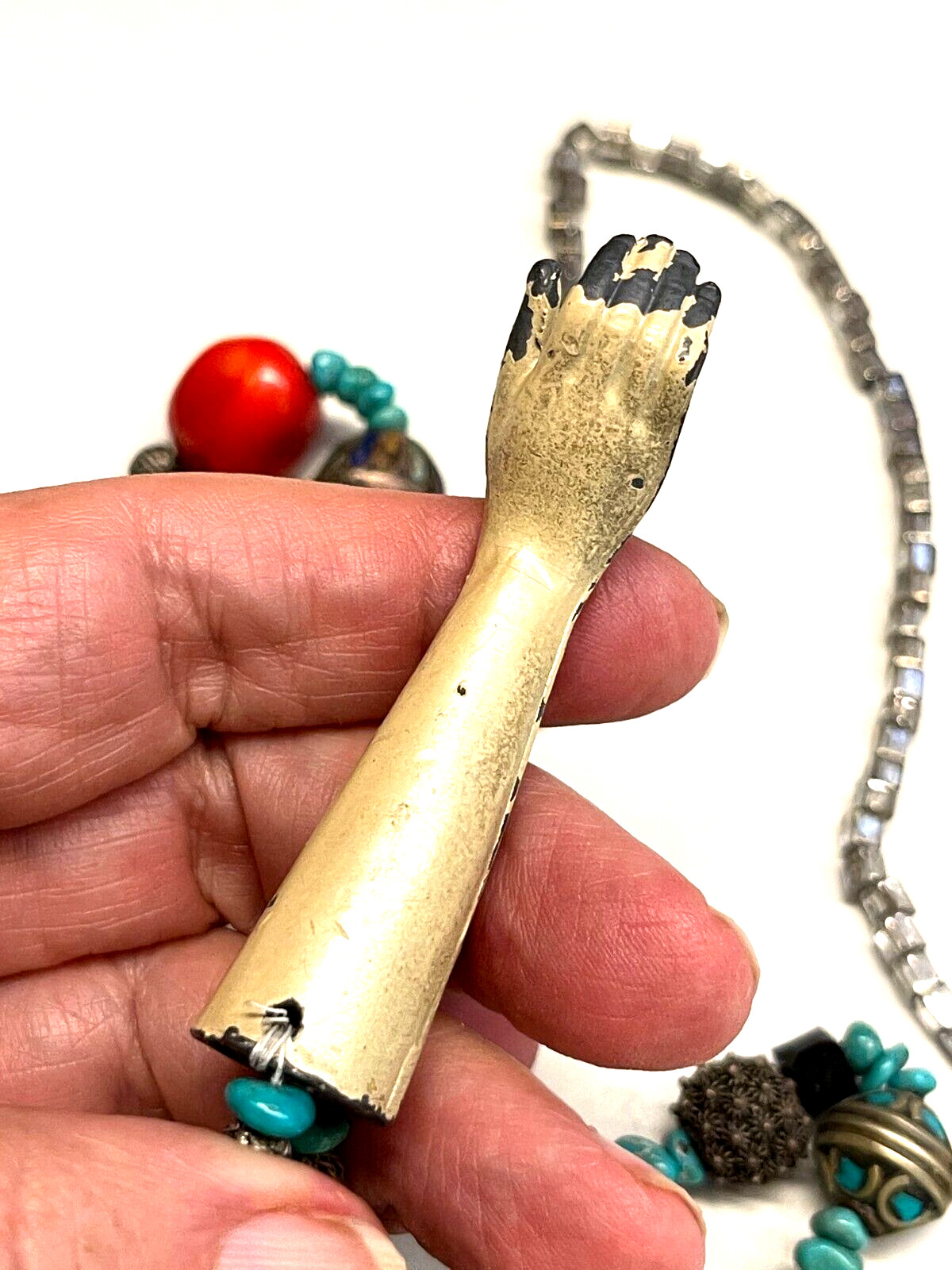 OOAK ARTIST MACABE MIXED BEAD NECKLACE ANTIQUE METAL DOLL ARM RIGHT HAND