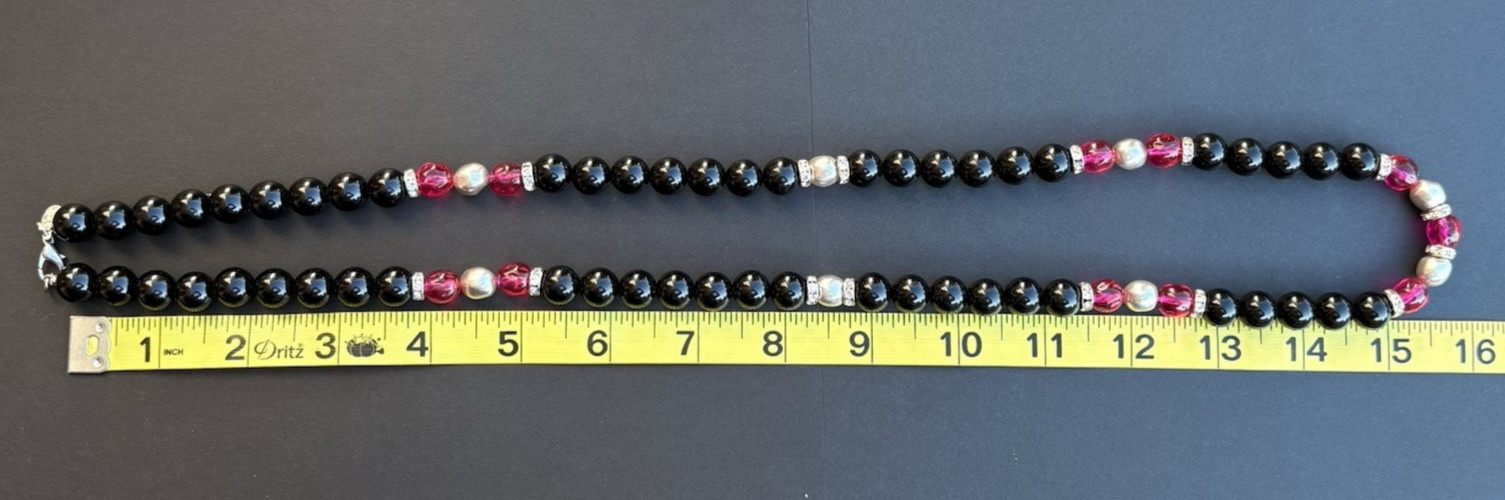 Vintage Joan Rivers Acrylic Necklace Black Fuchsia Pink Crystal Silver Tone 33″