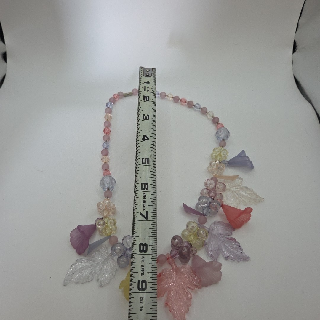 VINTAGE floral fruit salad leaves Necklace Beads Pastel Clear Costume 17″
