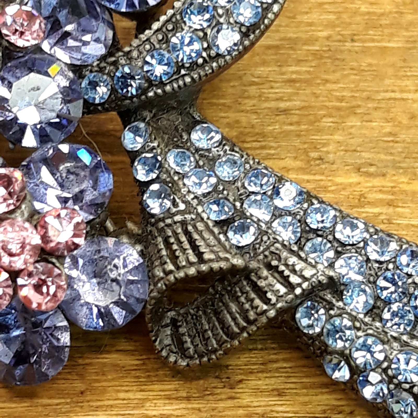 Vintage Pink & Blue Rhinestone Floral Bouquet Gunmetal Brooch 2.5″