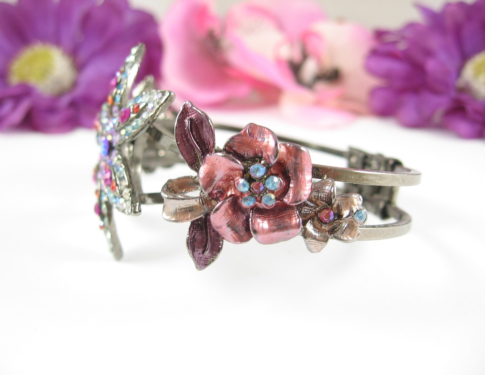 Color RHINESTONE CLAMPER BRACELET Vintage Flowers Pink Purple Gunmetal Gray