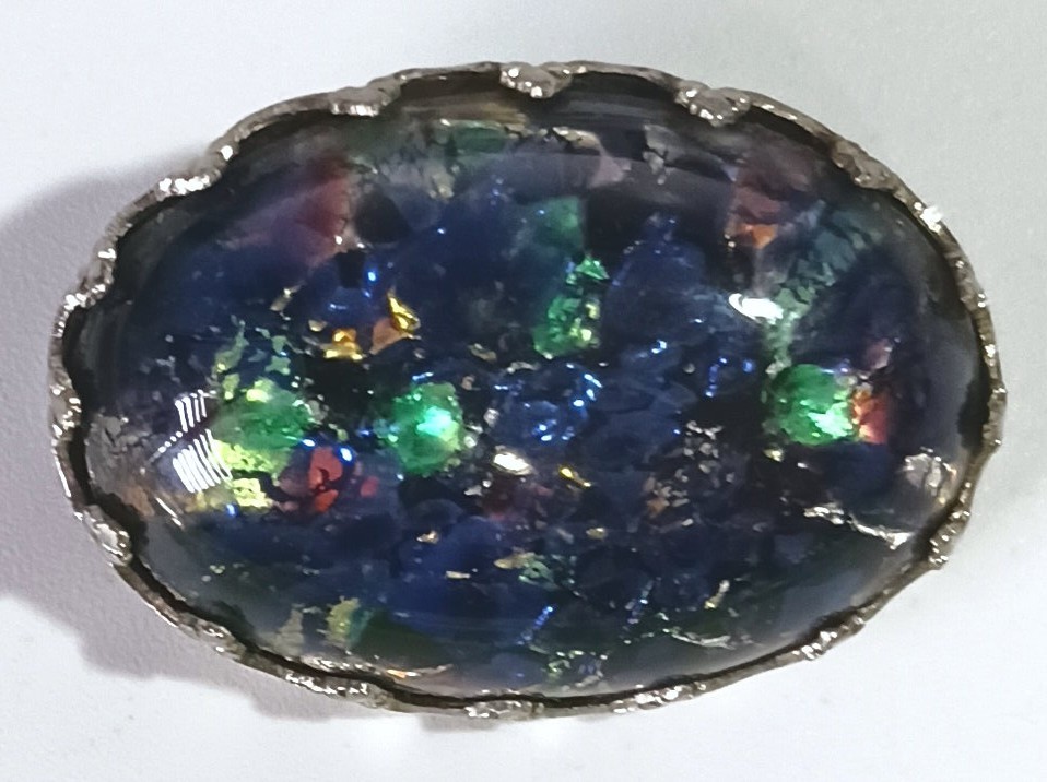 Vtg (Antique?) Silver-tone Brooch w/ Dark Blue & Multicolor Foiled Art Glass
