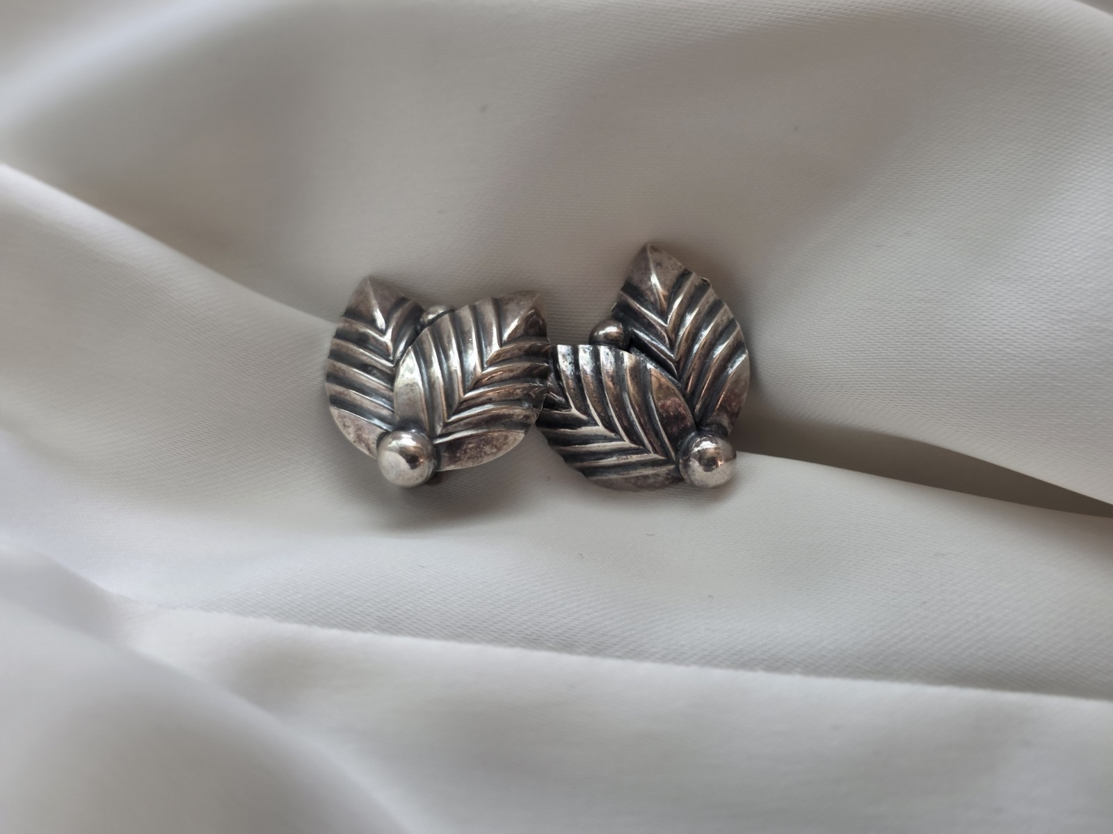 Vintage Signed N.E. From Danish 925 Silver Leaf Earrings MCM Denmark Clip On