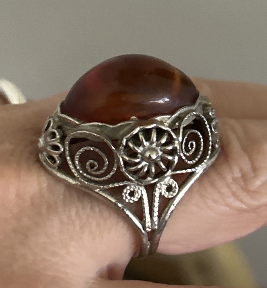 Antique silver plated brass amber ring size 7