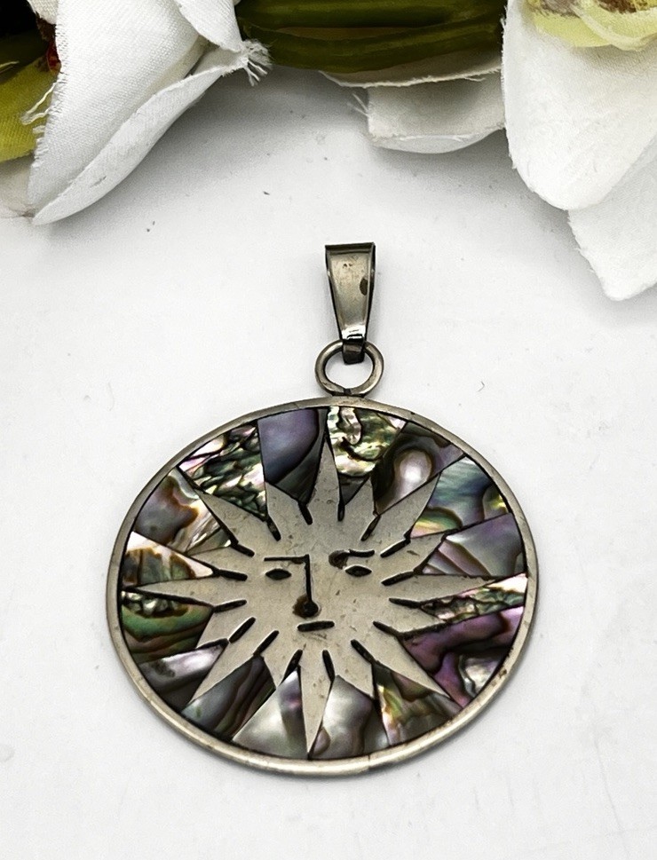 Sterling Silver MEXICO Large Abalone Inlay Sun Face Pendant 1.75”