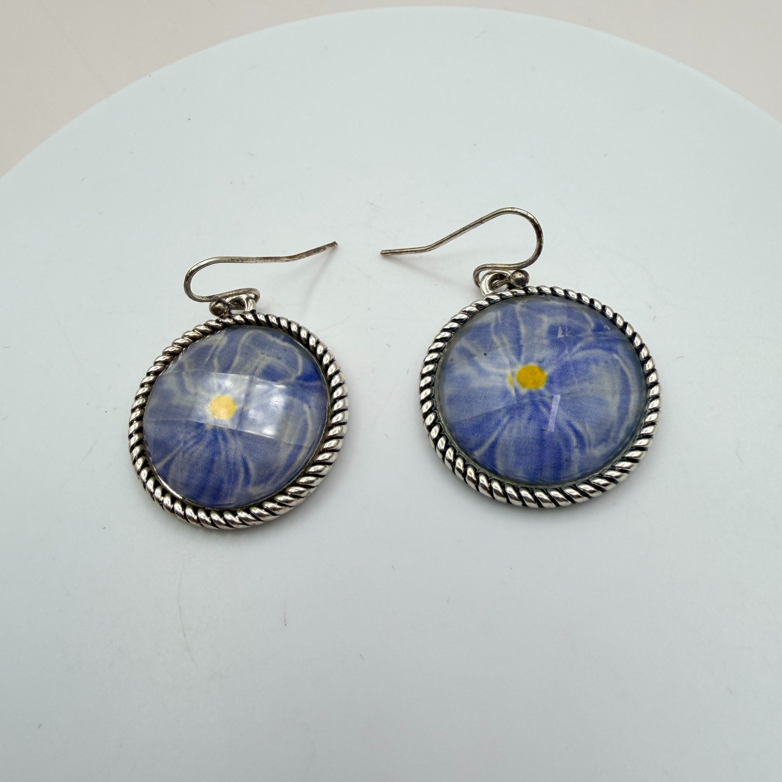 Vintage 90s Silver Tone Blue Flower Glass Cabochon Classic Fashion Jewelry Set
