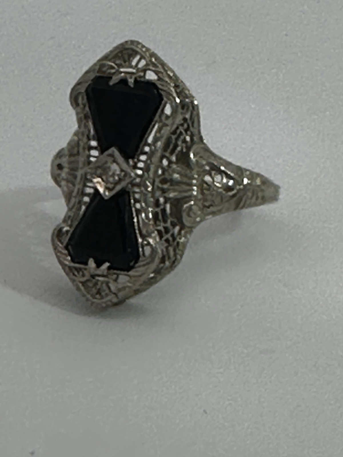 Vintage 14k White Gold Estate Onyx Diamond Ring Filigree Art Deco