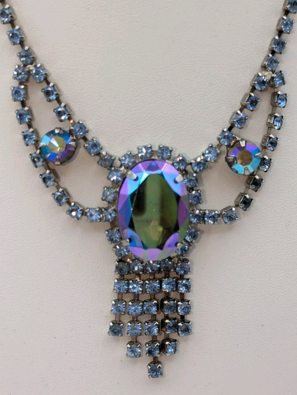 Vintage Vibrant Peacock Blue Violet Prong Set AB Rhinestone Silver Necklace
