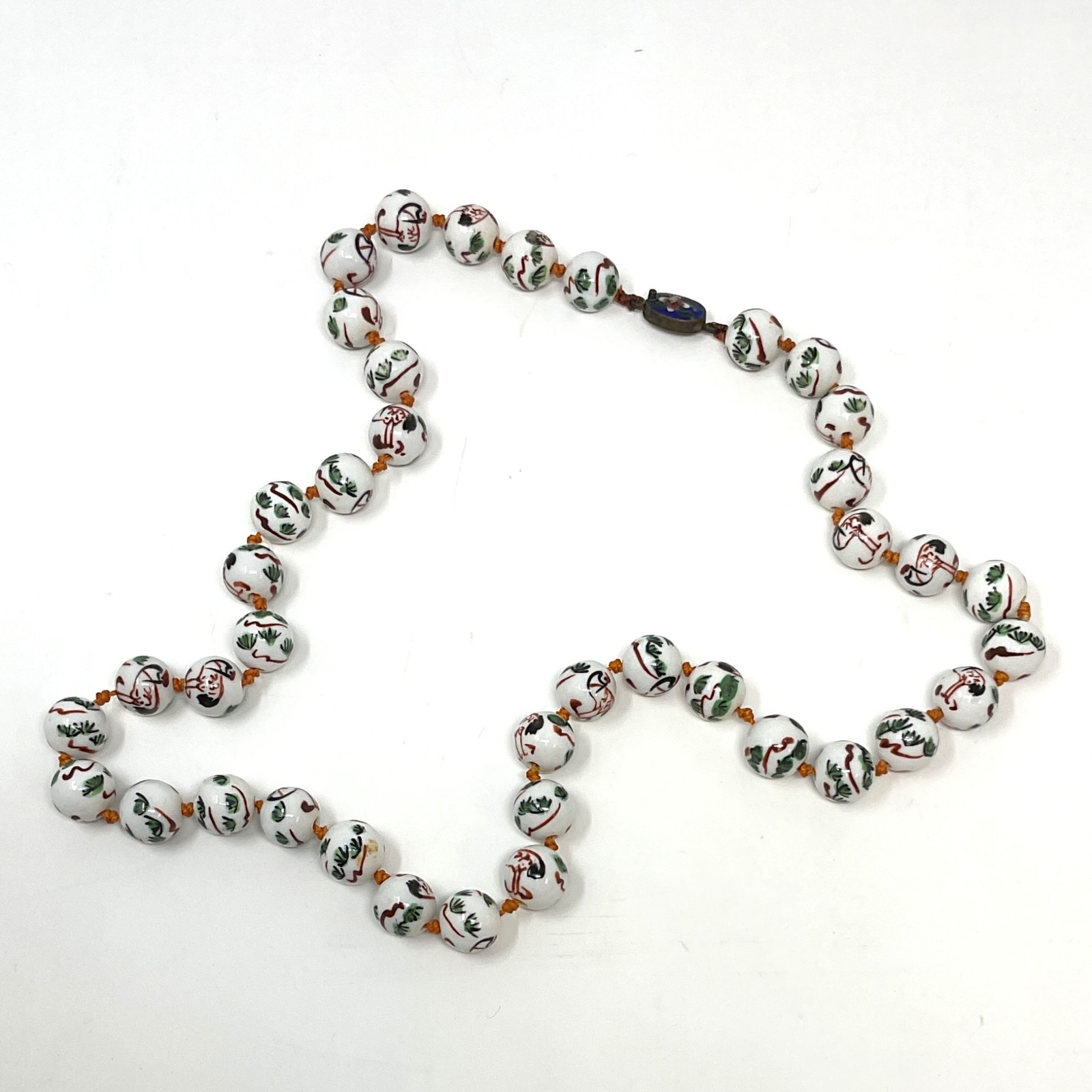 Vintage 1920s Knotted Necklace w Hand-Painted Crane Porcelain Beads Inlaid Clasp