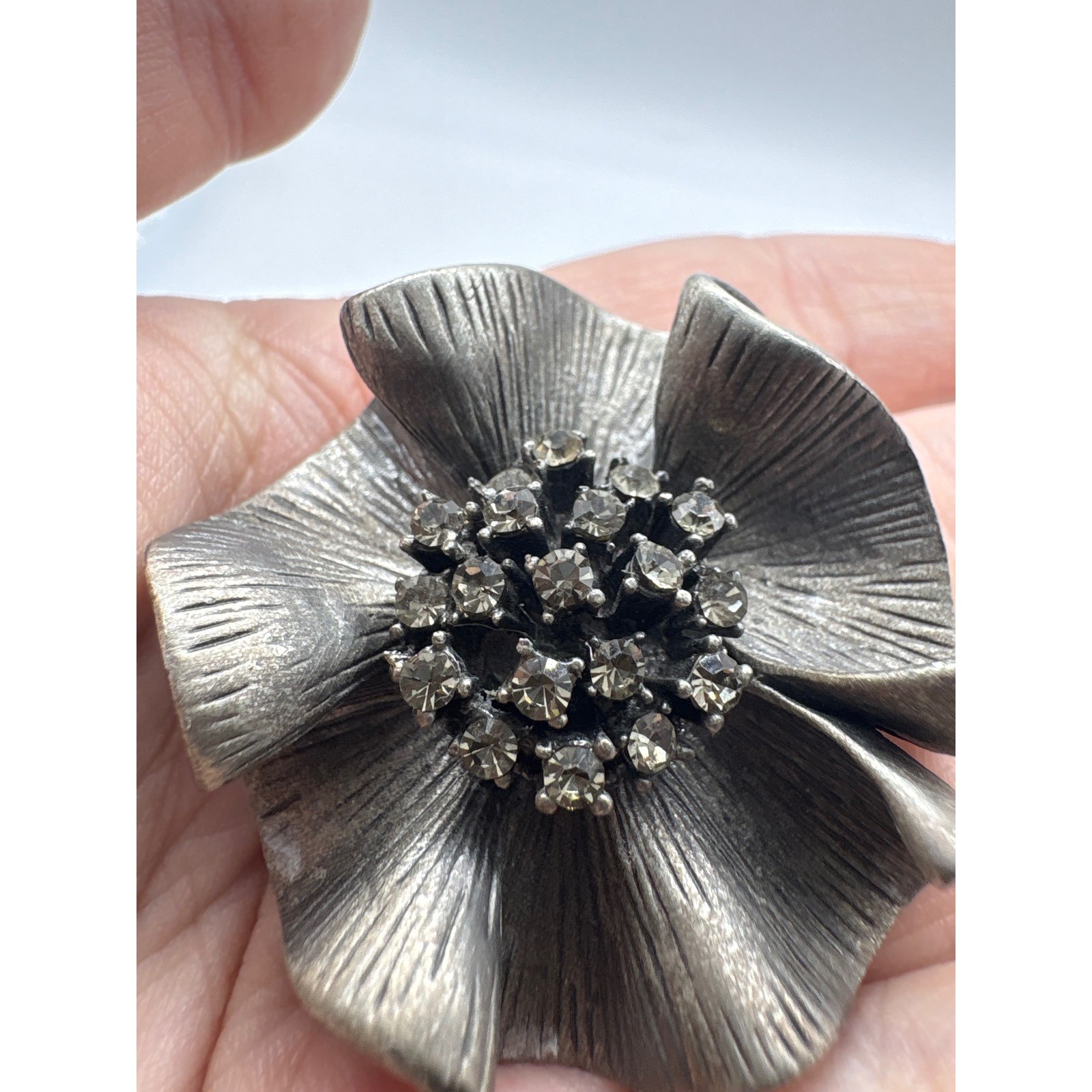 Vintage Pewter Flower Blossom Convertible Brooch Pendant Rhinestone 3D Silver