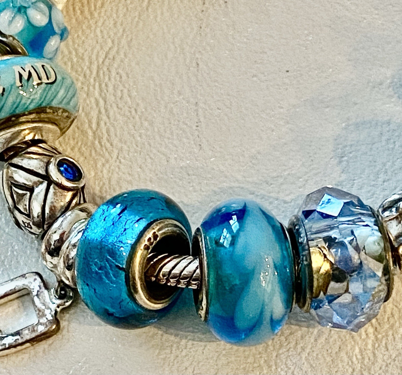 14 Blue + Mixed Makers Sterling Silver Slide Charms Bracelet Ocean Beach